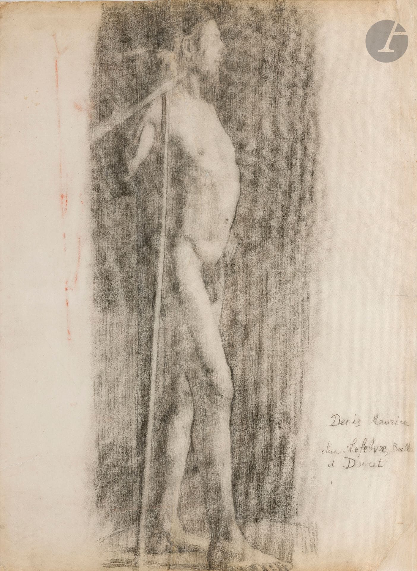 Maurice DENIS (1870 - 1943)
Male Academy, between 1888 and 1889
Black pencil.
Signed and annotated "eleve de Lefebvre, Balla et Doucet" lower right.
(Restorations, tears and folds).
62 x 47 cm

Julio Balla was Denis' teacher between 1885 and 1888. Jules Lefebvre and Lucien Doucet were both teachers at the Académie Julian, where Denis was enrolled from 1888. Our drawing can be compared with several academies in the Musée Départemental Maurice Denis in Saint-Germain-en-Laye (for the two studies most similar to ours, see below): PMD 976.1.15, PMD 976.1.1125, reproduced in Agnès Delannoy (ed.), Maurice Denis dessinateur. L'Œuvre dévoilé, musée départemental Maurice Denis from October 28, 2006 to July 21, 2007, musée départemental Maurice Denis and Somogy Éditions d'art, 2006, p. 31). 

We would like to thank Fabienne Stahl and Clémence Gaboriau for the information they provided.
