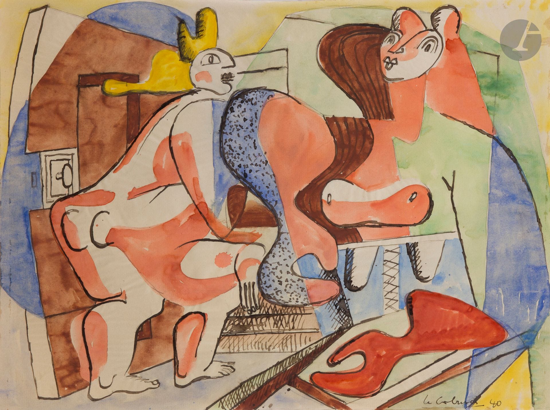 Charles-Édouard JEANNERET dit LE CORBUSIER (1887 - 1965)
Nude woman passing a door and "La Pyrénéenne" theme, 1940
Watercolor and ink on paper.
Signed and dated lower right.
36.9 x 47.8 cm

Provenance 
- Costantino and Ruth Nivola Collection, New York and East Hampton. By descent: Pietro Nivola, Washington DC.
- Private collection, Paris, since 2013.

A certificate from Mr. Éric Mouchet, dated December 11, 2015, will be given to the buyer.
