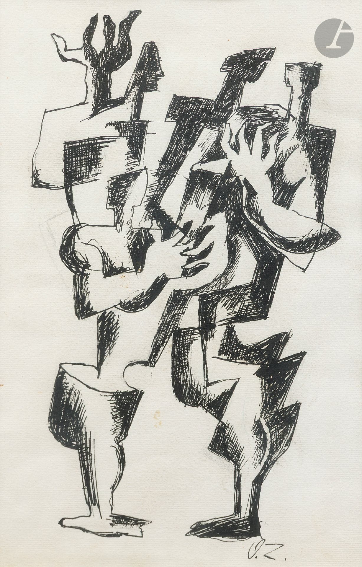 Ossip ZADKINE (1890 - 1967)
Les Musiciens, vers 1967
Encre.
Monogrammée en bas à droite.
29 x 19 cm

Provenance: 
- Vente Cornette de Saint-Cyr, Paris, 27 octobre 2003, n° 556.
- Vente Artcurial, Paris, 4 décembre 2007, n° 320.