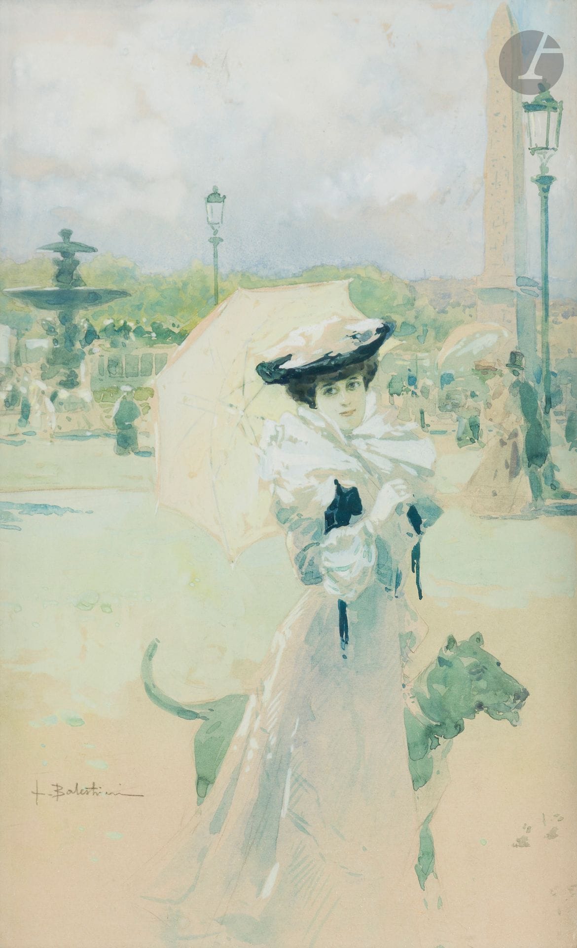 Lionello BALESTRIERI (1872 - 1958)
Woman with parasol, Place de la Concorde
Gouache and watercolor over pencil lines.
Signed lower left.
37 x 23 cm