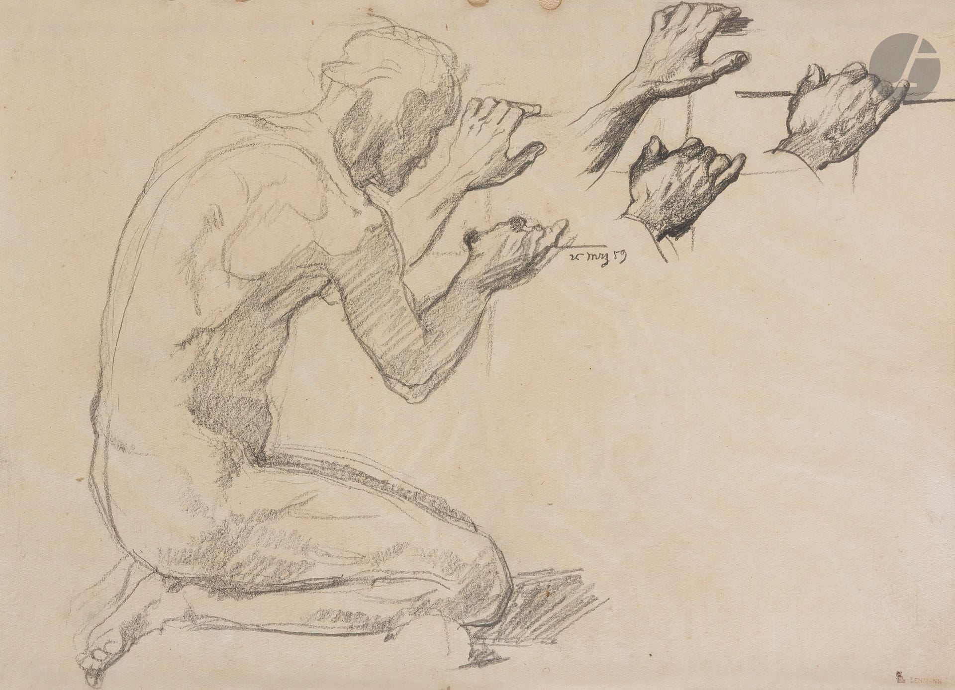 Henri LEHMANN (1814 - 1882)
Étude pour Fiat voluntas tua sicut in coelo et in terra
Crayon noir.
Signé et daté dans la composition en haut à droite.
20 x 28 cm

Bibliographie: 
Marie-Madeleine Aubrun, Henri Lehmann 1814-1882 Catalogue raisonné de l’oeuvre, Association Les Amis de Henri Lehmann, [France], 1984, n° D 899, reproduit p. 202.

Exposition:
Henri Lehmann, Galerie de Bayser, 1983, Paris.
 
Notre dessin est une étude pour la figure drapée en bas au centre de Fiat voluntas tua sicut in coelo et in terra, décor de l’église Sainte-Clotilde aujourd’hui détruit, mais connu par une esquisse d’ensemble (voir M.M. Aubrun opus cité supra, n°D886B, reproduit p. 199).