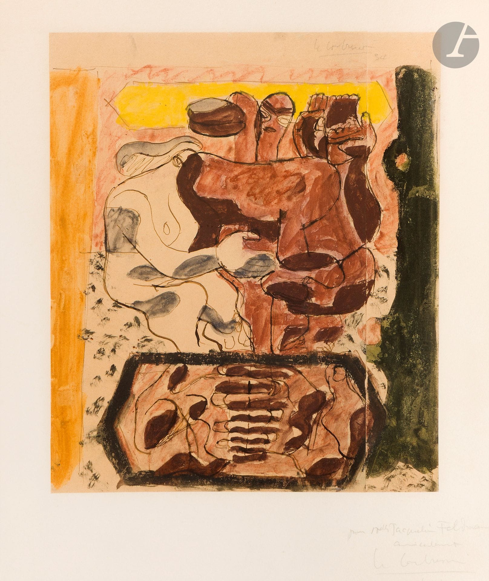 Charles-Édouard JEANNERET dit LE CORBUSIER (1887 - 1965)
Femmes, 1934
Pastel lavé, plume, encre brune et mine de plomb.
Signé et daté en haut à droite.
Signé et dédicacé dans la marge: «Pour Melle Jacqueline Feldmann/amicalement/Le Corbusier/31/12/47».
31 x 25 cm

Une attestation de Monsieur Éric Mouchet sera remise à l’acquéreur.
