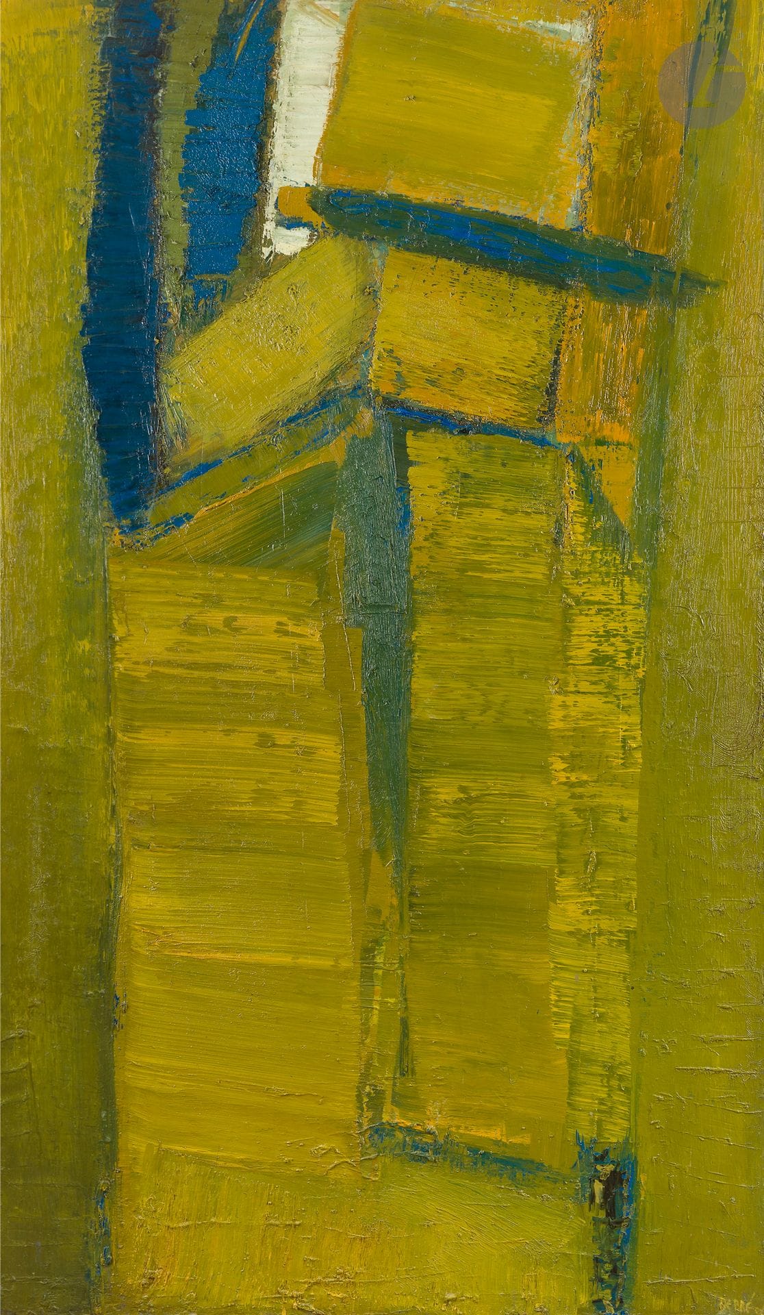 Olivier DEBRÉ (1920-1999) 
Personnage jaune, 1957-1958
Huile sur toile.
Signée et datée en bas à droite.
Signée, datée et titrée au dos.
(Craquelures et restaurations).
195 x 114 cm

Provenance : 
- Vente Mes Champin-Lombrail-Gautier, Enghien-les-Bains, 23 novembre 1986, n°115.
- Vente Me Briest, Paris, 23 mars 1989, n°29.
- Vente Deauville Auction, Deauville, 22 août 2003, n°126.
- Galerie Alexis Lartigue, Paris (étiquette au dos).
- Collection particulière, région parisienne.

Un certificat de Madame Sylvie Debré-Huerre, en date du 1er juin 2016, sera remis à l'acquéreur.