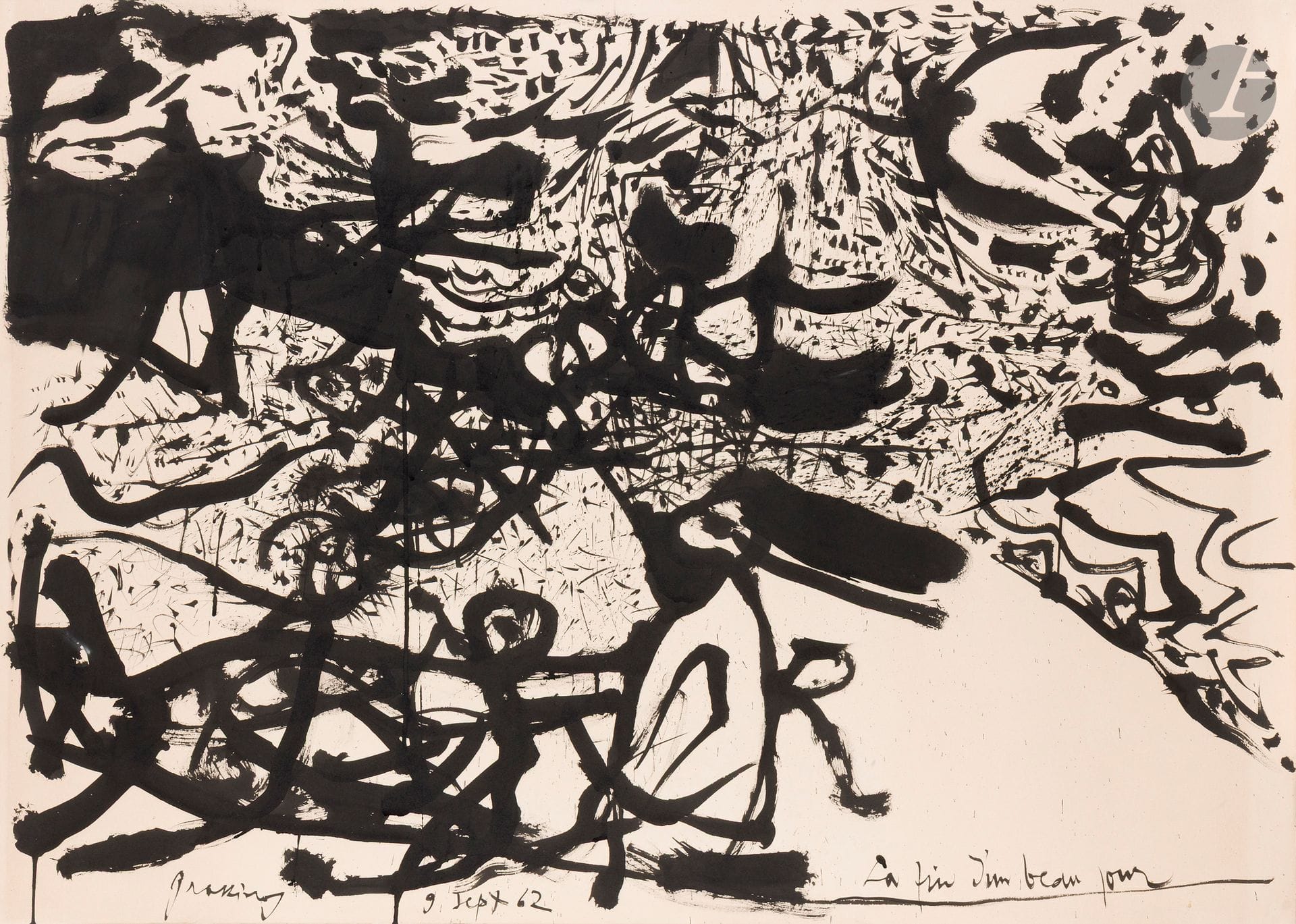 Mario PRASSINOS (1916-1985) 
La Fin d'un beau jour, 1962
Huile sur papier.
Signée, datée et titrée. 
75 x 105 cm