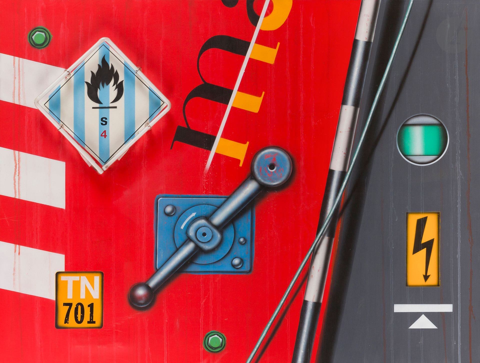 Peter KLASEN (born 1935) 
Verrou fond rouge noir - TN/701, 2003
Acrylic on canvas and neon system.
Signed, dated and titled on the back.
89 x 116 cm

Exhibition : 
Peter Klasen, Inside Outside Mecanic, Art Car Ferrari 328 GTS 6 - PK, Galerie Mecanica, So mecanic art, 2014, Catalogue, reproduced p. 33.

A catalog of the exhibition Peter Klasen, Inside outside, will be given to the buyer.