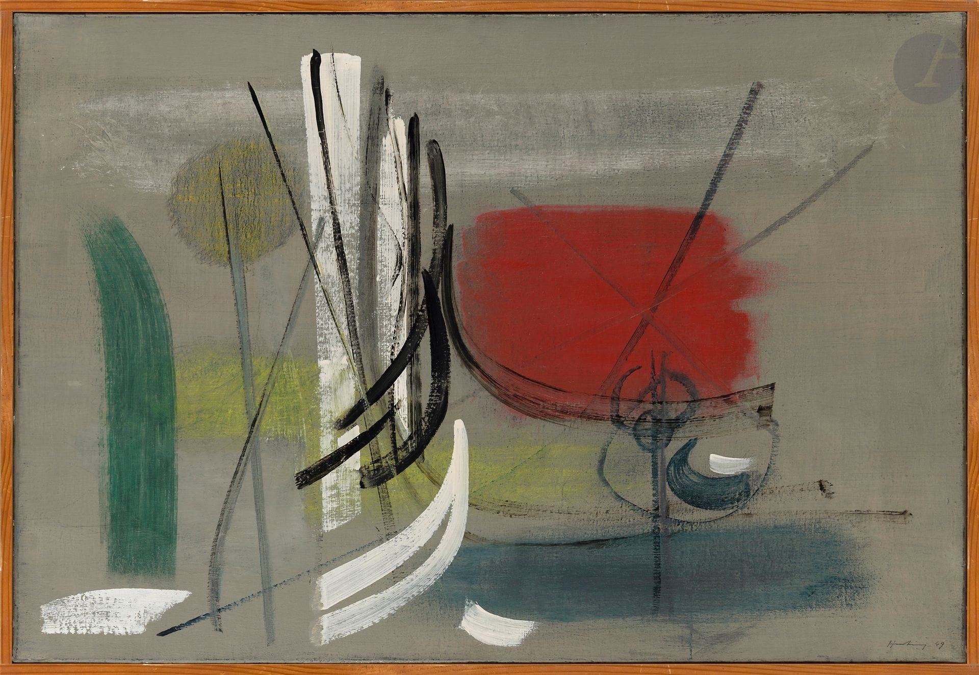 Hans HARTUNG (1904-1989) 
T1948-29, 1948-49
Huile sur toile.
Signée et datée en bas à droite.
50 x 73 cm

Provenance : 
- Galerie Lydia Conti, Paris (correspondances avec Hans Hartung entre 1946 et 1976).
- Collection particulière, Paris. Acquis auprès de la galerie Eric Galfard le 4 octobre 1995. 
- Succession de ce dernier.

Cette œuvre sera incluse dans le Catalogue Raisonné de l'œuvre de Hans Hartung.
