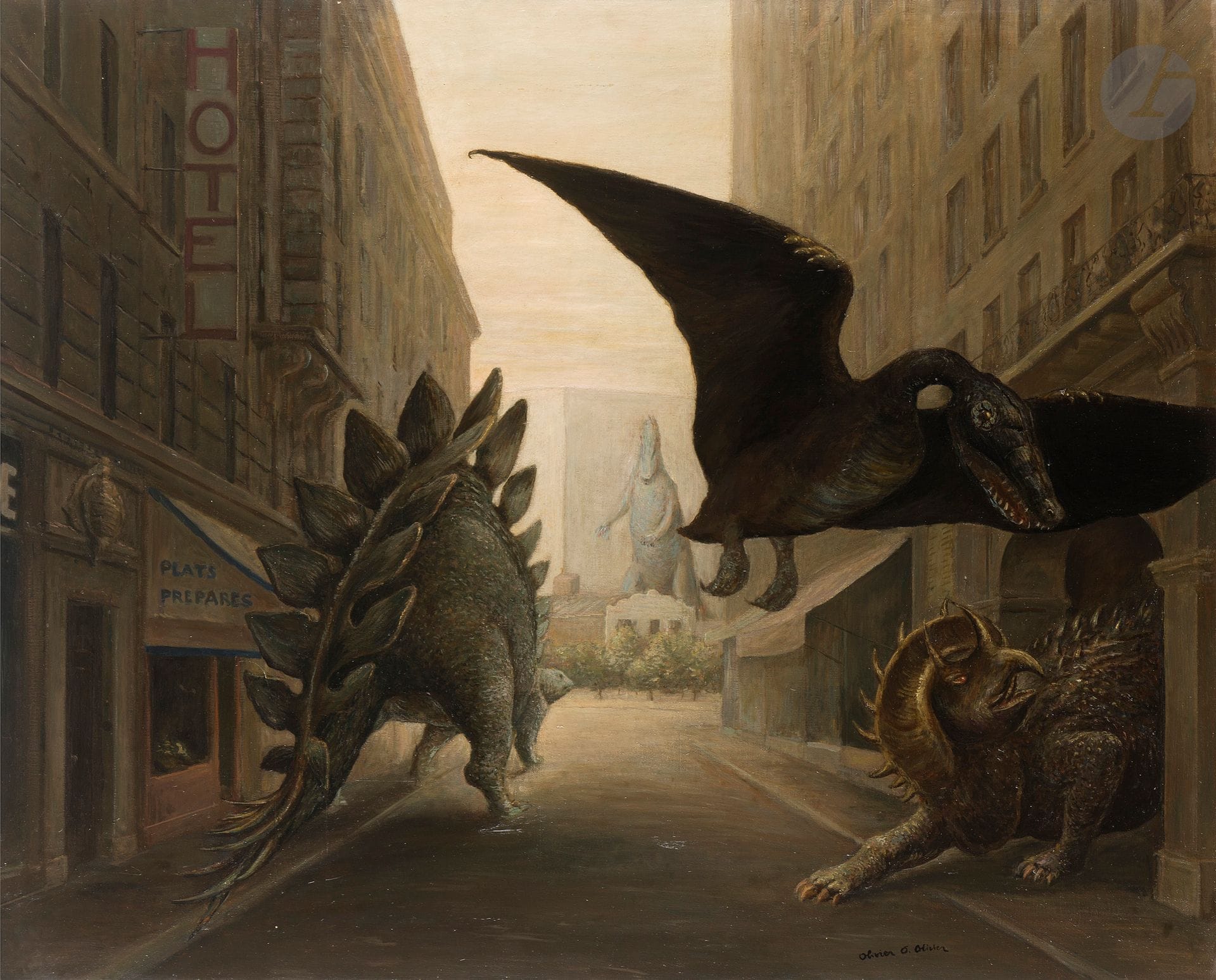 Olivier O. OLIVIER (1931-2011) 
La Rue Delambre, 100 M. d'années avant J.C, 1971
Huile sur toile.
Signée en bas à droite.
Signée, datée et titrée au dos sur le châssis.
81 x 100 cm
