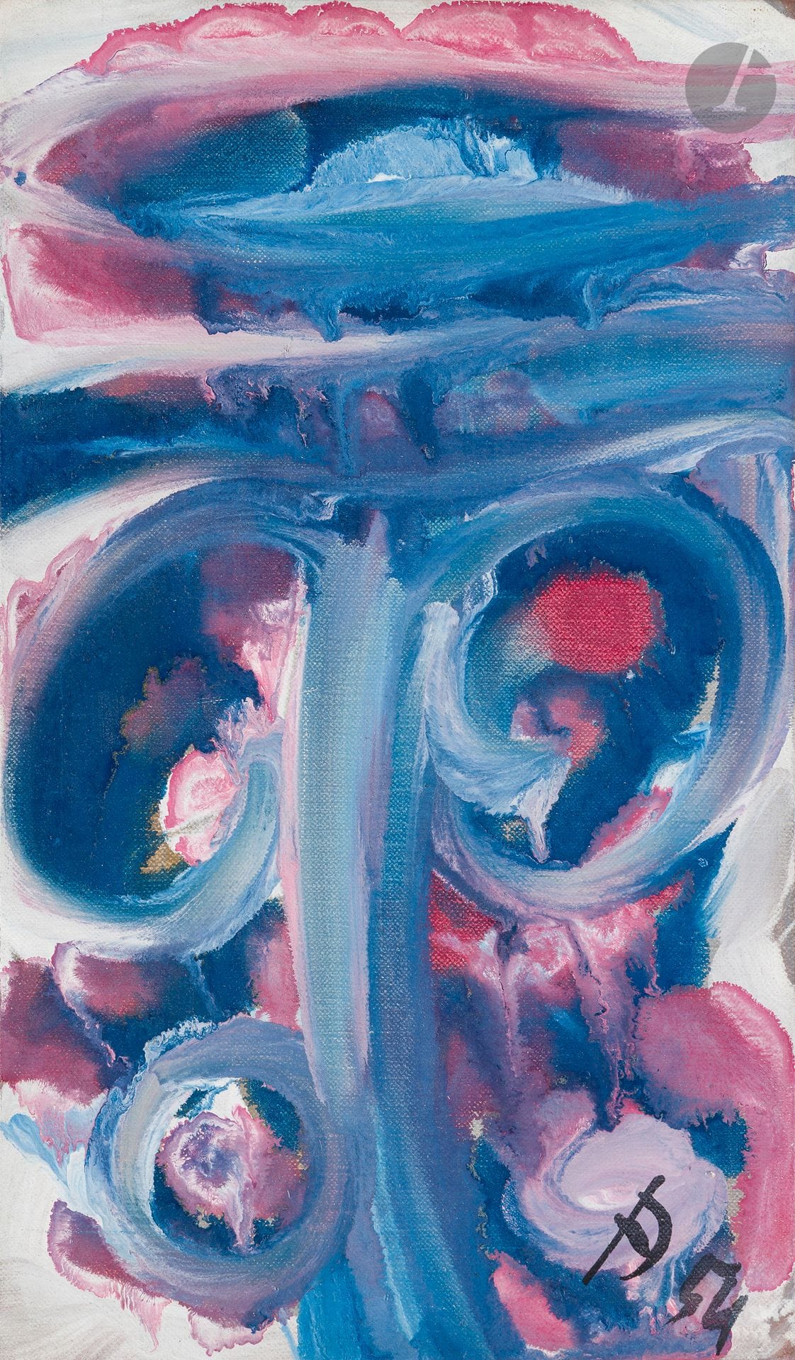 Jean DEGOTTEX (1918-1988) 
Tourneciel, 1954-55
Oil on canvas.
Monogrammed and dated "54" lower right.
Signed and dated "1-55" on back. 
Titled on the stretcher.
27 x 16 cm