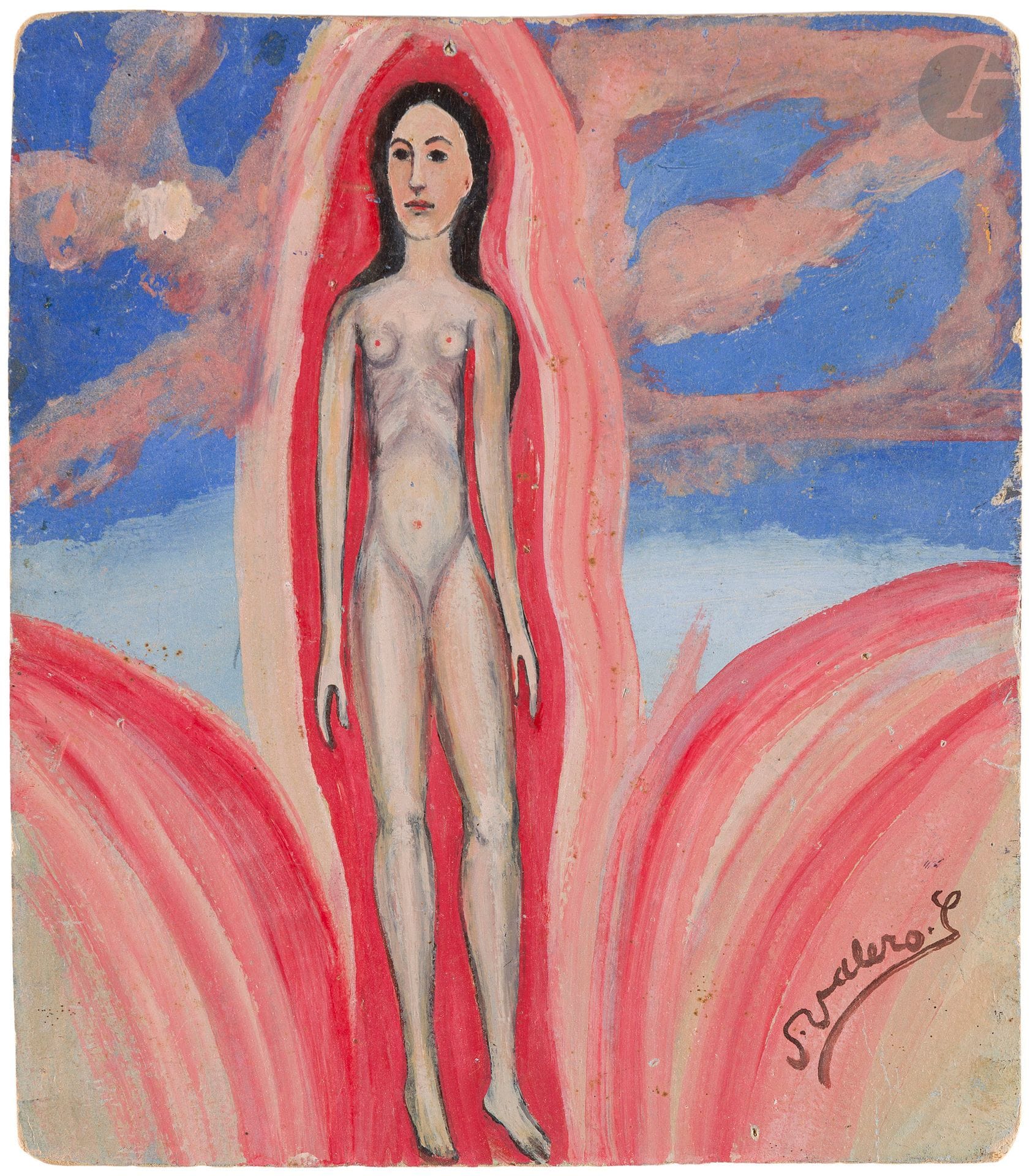 Salvador VALERO (XXe siècle) 
La Mujer en la concha rosada
Huile sur carton.
Signée en bas à droite. 
(Usures et manques). 
29 x 25.5 cm

Provenance :
Collection Gaston Diehl.