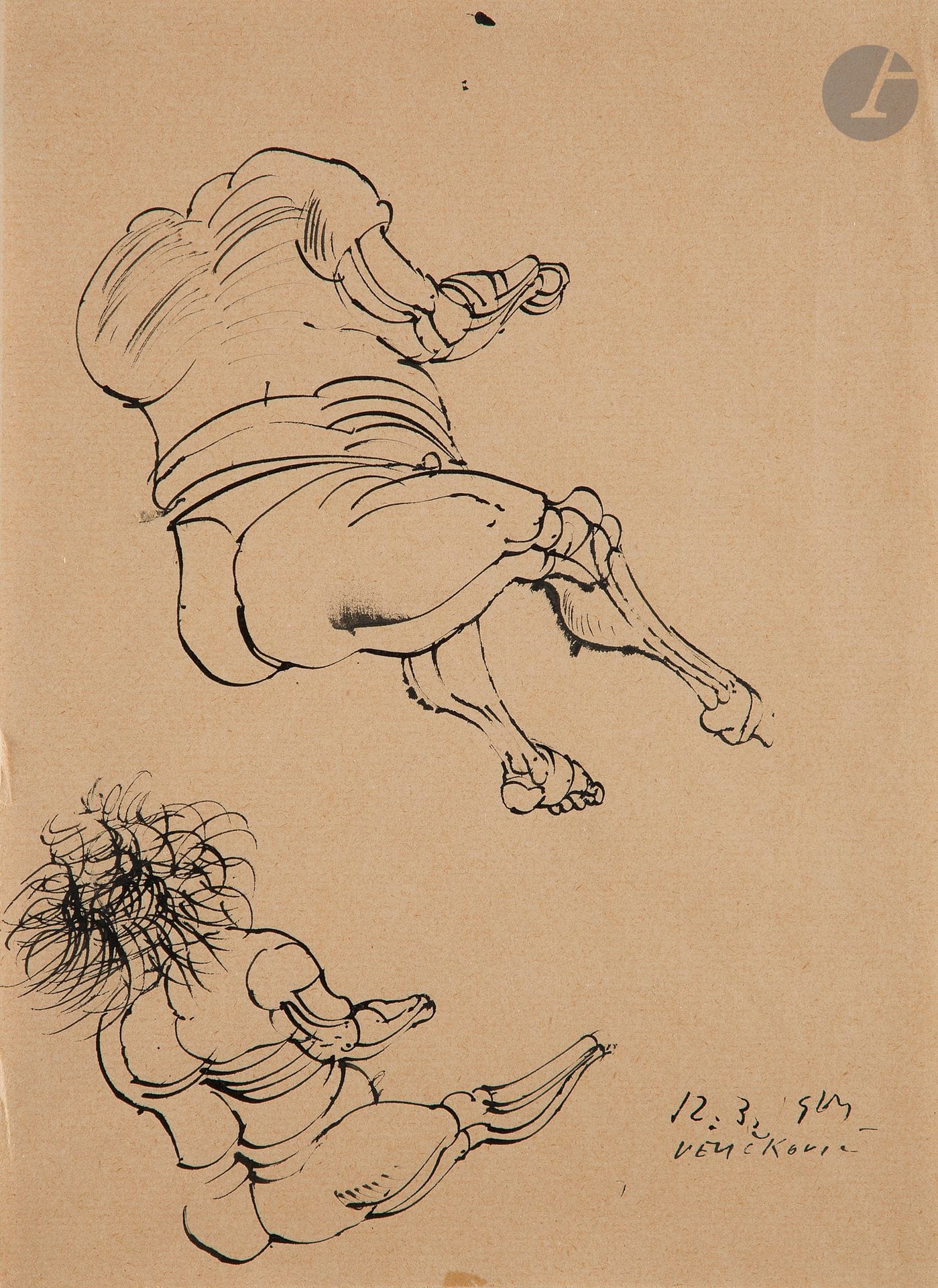 Vladimir VELICKOVIC (1935-2019)
Sans titre, 1964
Encre sur papier.
Signée et datée en bas à droite.
(Papier jauni).
28 x 20.5 cm