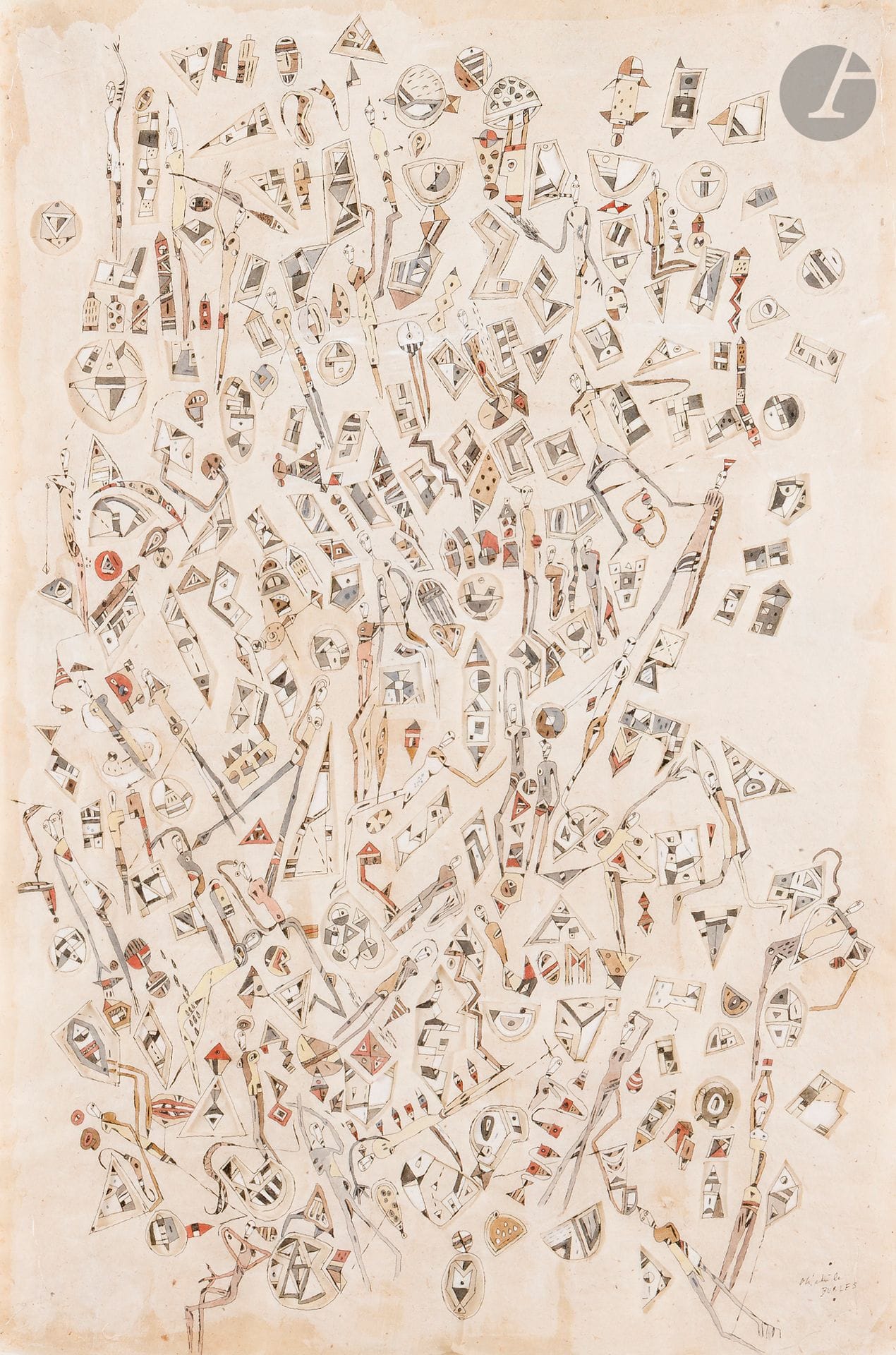 Michèle BURLES (born 1948)
I am two
Watercolor, ink and cut-outs on sewn paper.
Signed lower right. 
Signed and titled on mount.
74 x 50 cm