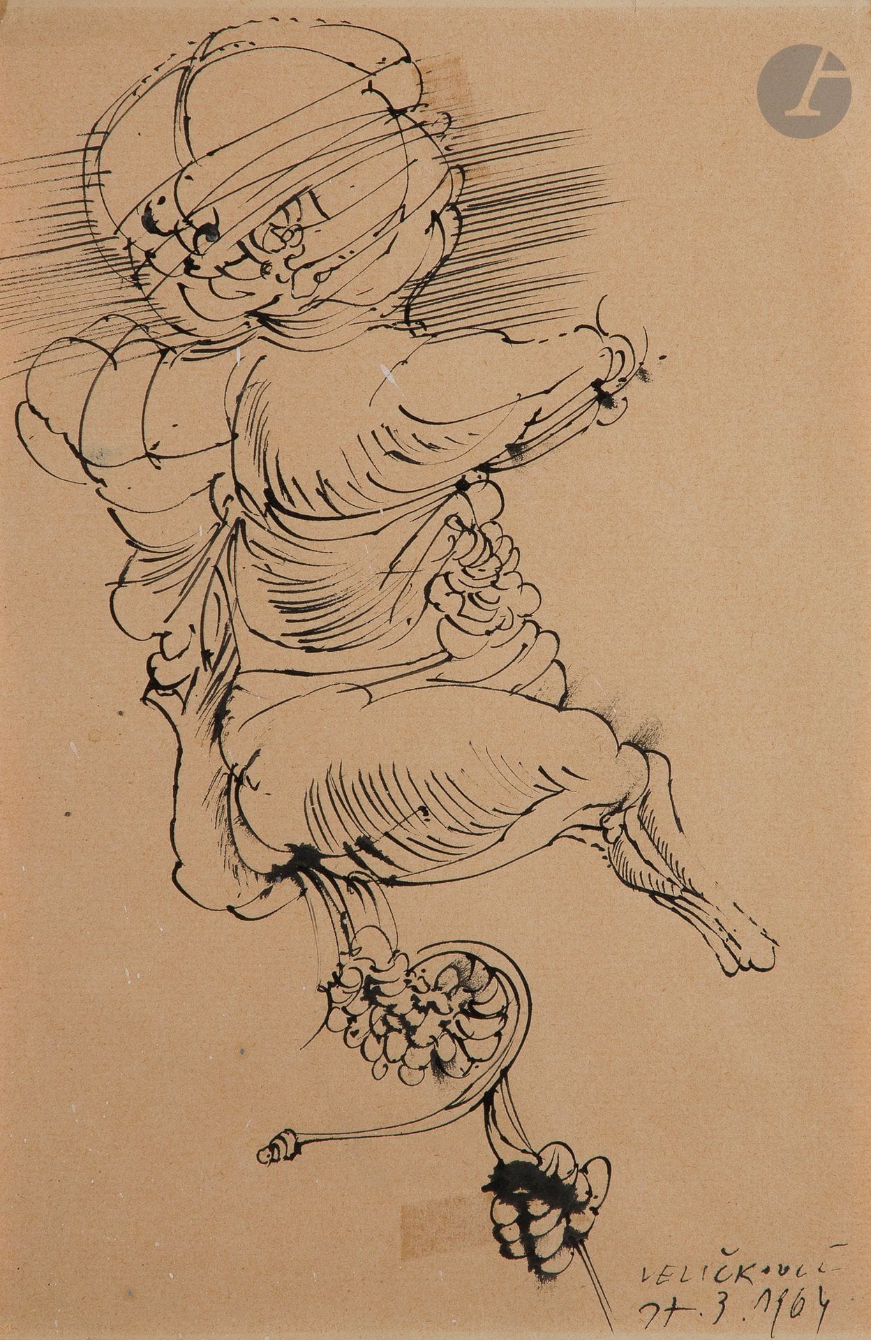 Vladimir VELICKOVIC (1935-2019)
Untitled, 1964
Ink on paper.
Signed and dated lower right.
(Yellowed paper and traces of tape).
29.5 x 19 cm