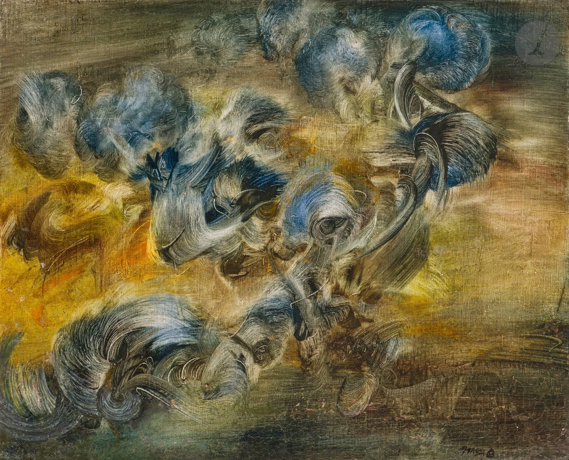 Marc JANSON (1930-2022)
Un soupçon de tragédie, 1953
Huile sur toile.
Signée et datée en bas à droite.
Signée, datée et titrée au dos.
33 x 41 cm
