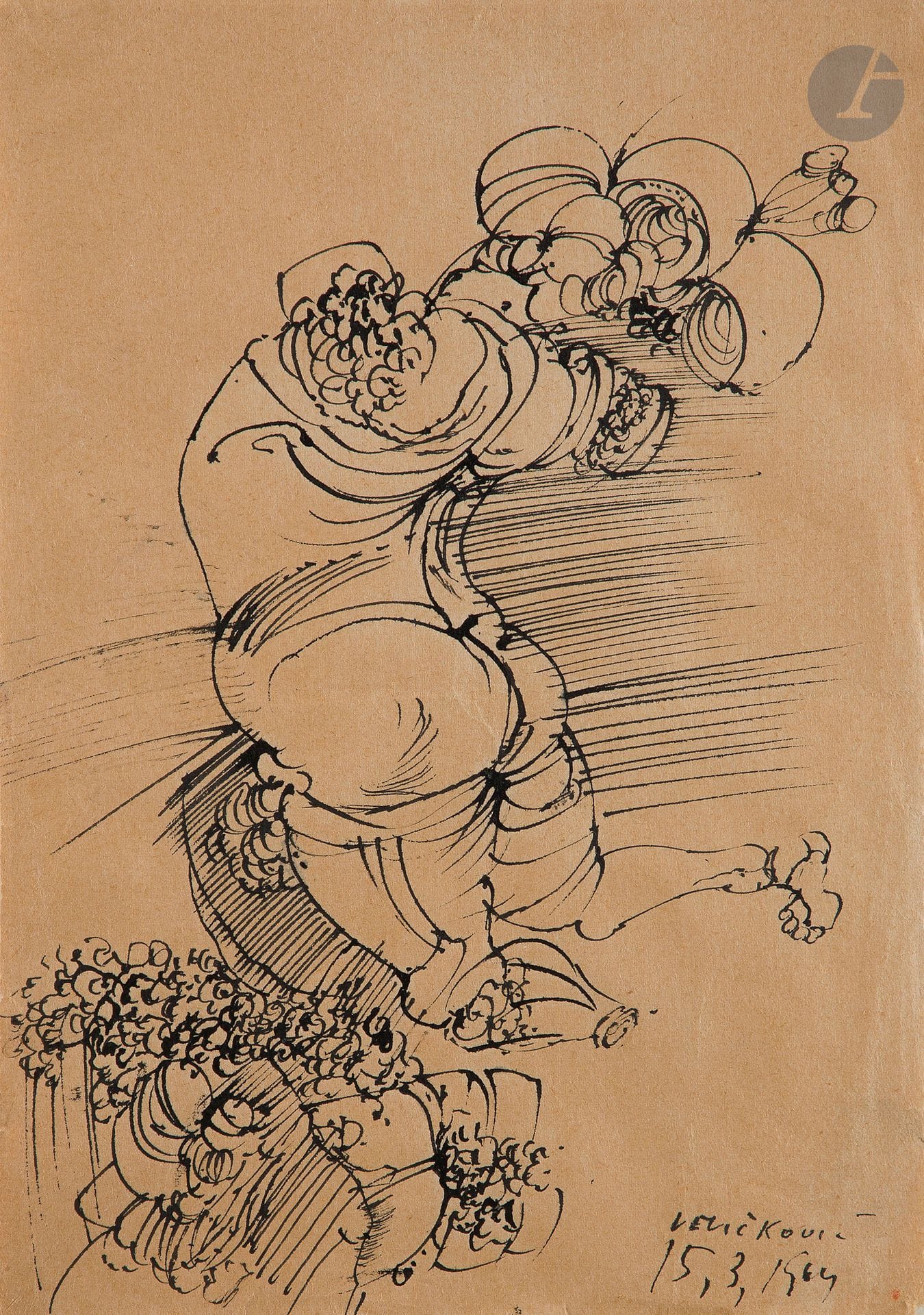 Vladimir VELICKOVIC (1935-2019)
Untitled, 1964
Ink on paper.
Signed and dated lower right.
(Yellowed paper, small tears).
29 x 20.5 cm