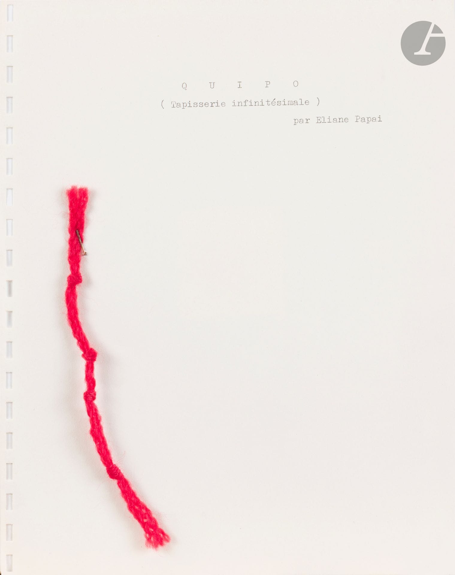 Eliane PAPAÏ (BRAU) (1935-1992)
Infinitesimal tapestry, 1962
Strand of wool stapled to a tapestry.
Captioned "Quipo (Tapisserie infinitésimale) by Eliane Papai".
27 x 21 cm