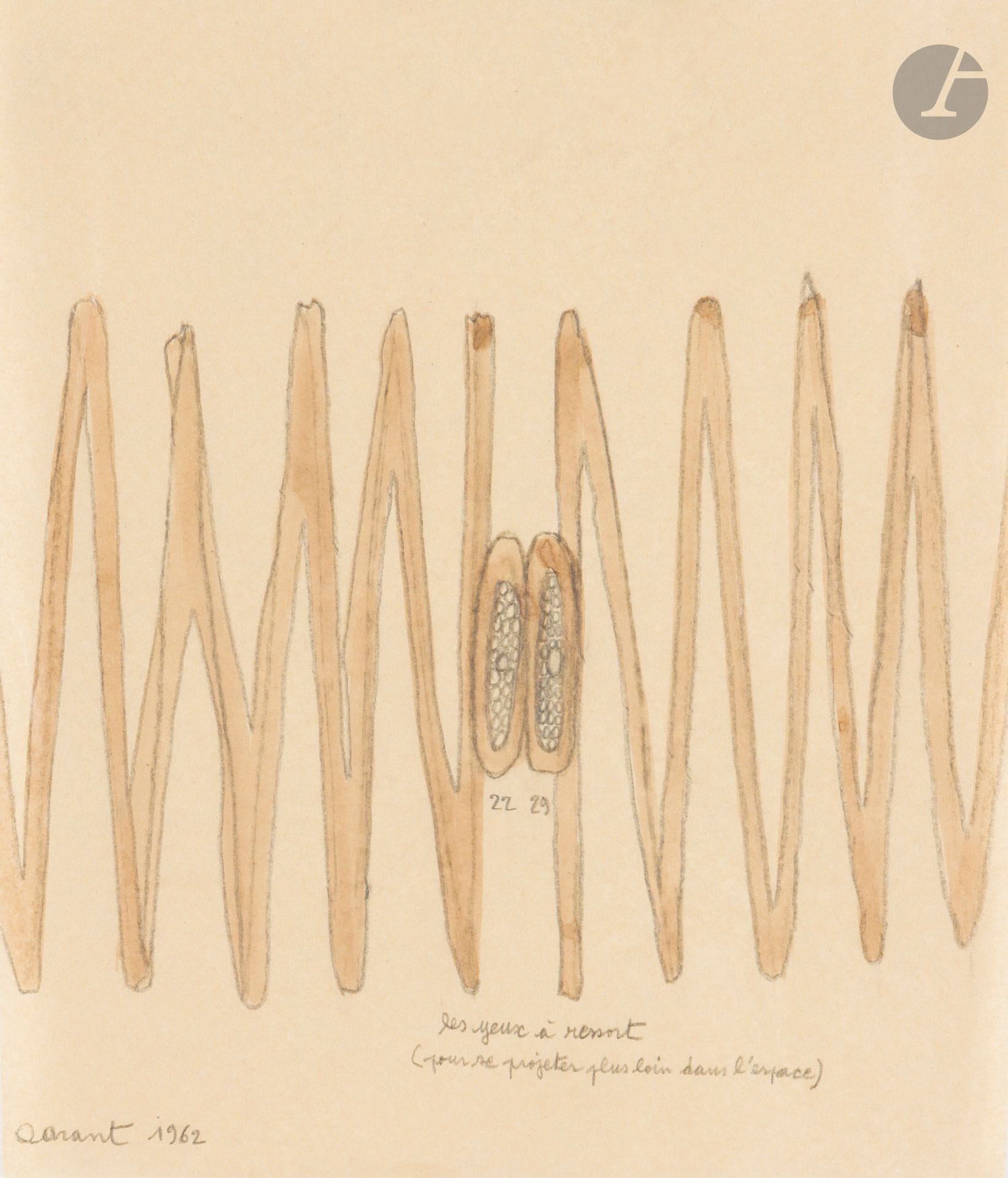 Jean-Luc PARANT (1944-2022)
Les Yeux à ressort (pour se projeter plus loin dans l'espace), 1962
Aquarelle et mine de plomb sur papier calque.
Signée et datée en bas à gauche.
Titrée en pied.
29.5 x 25 cm