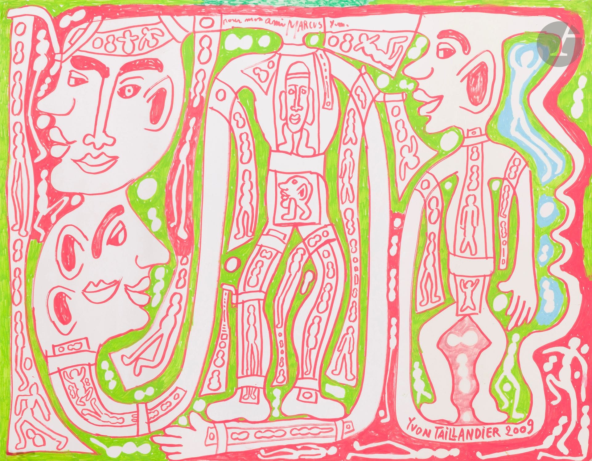 Yvon TAILLANDIER (1926-2018)
Personnages, 2009
Feutre sur papier.
Signé et daté en bas à droite.
Dédicacé en haut à droite.
50 x 65 cm

Provenance :  
Collection Marcus Mevius.

Nous remercions l'association Les Amis d'Yvon Taillandier de nous avoir confirmé l'authenticité de cette œuvre.