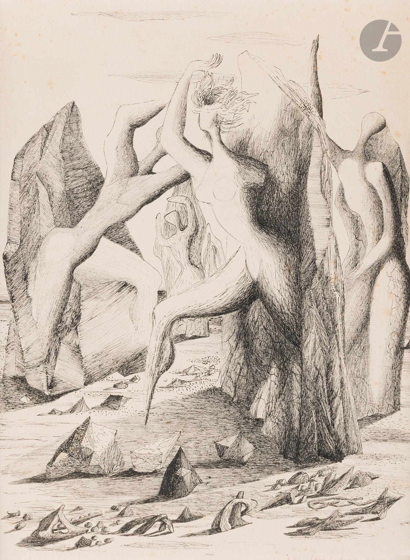 Mac ZIMMERMANN (1912-1995)
Zu di Metamorphosen di Ovid II, 1948
Encre.
Signée en bas à droite.
Annotée au dos.
(Rousseurs).
27 x 21 cm