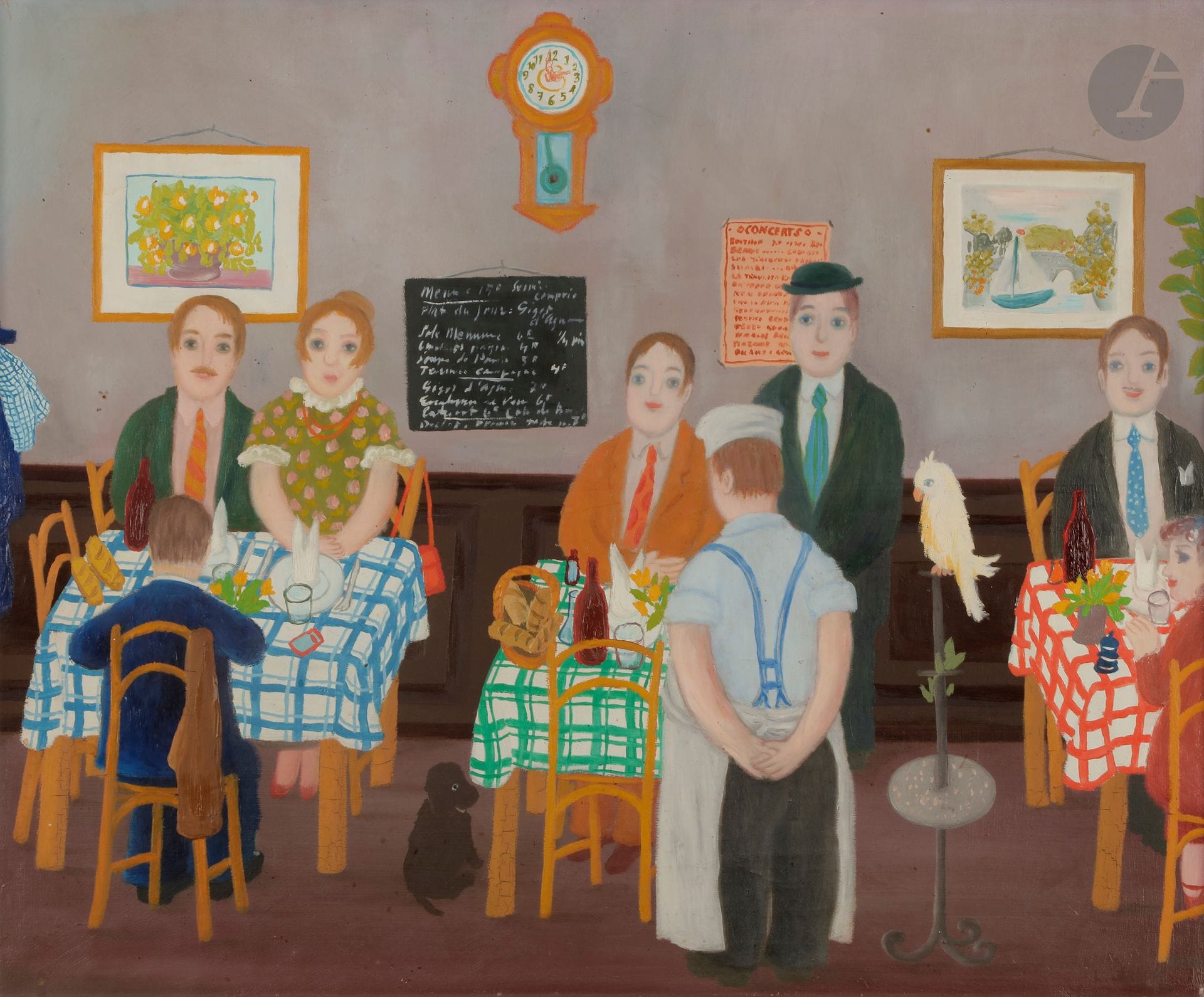 Lennart JIRLOW (1936-2020)
At the Restaurant
Oil on canvas.
Signed lower right.
54 x 65 cm
(Small dent).

Provenance : 
Collection Denise et Roger Vergé, Mougins.