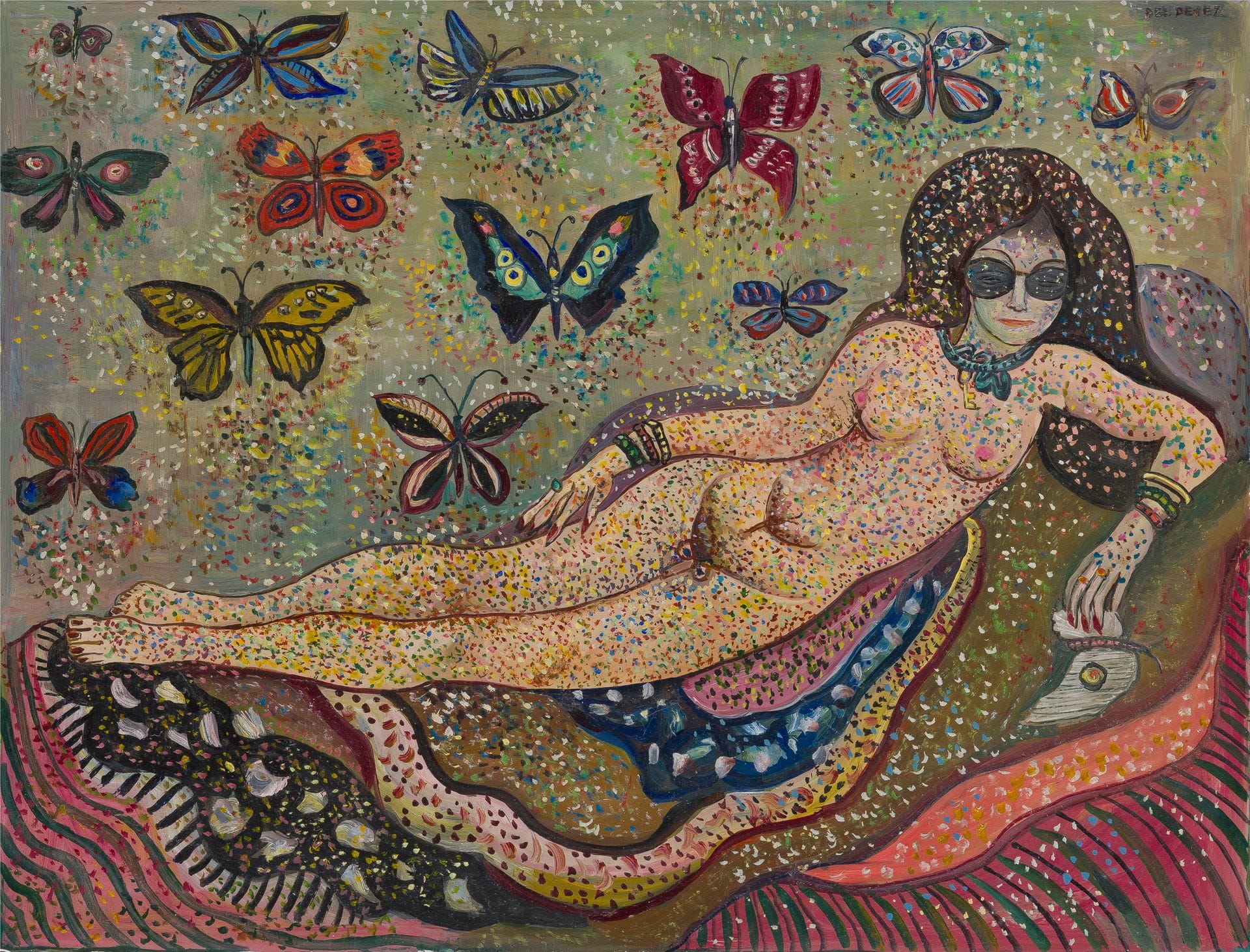 Jean DELDEVEZ (1909-1983)
Nu aux papillons
Huile sur isorel.
Signée en haut à droite.
48 x 59 cm

Provenance : 
Galerie Alphonse Chave, Vence (étiquette au dos).