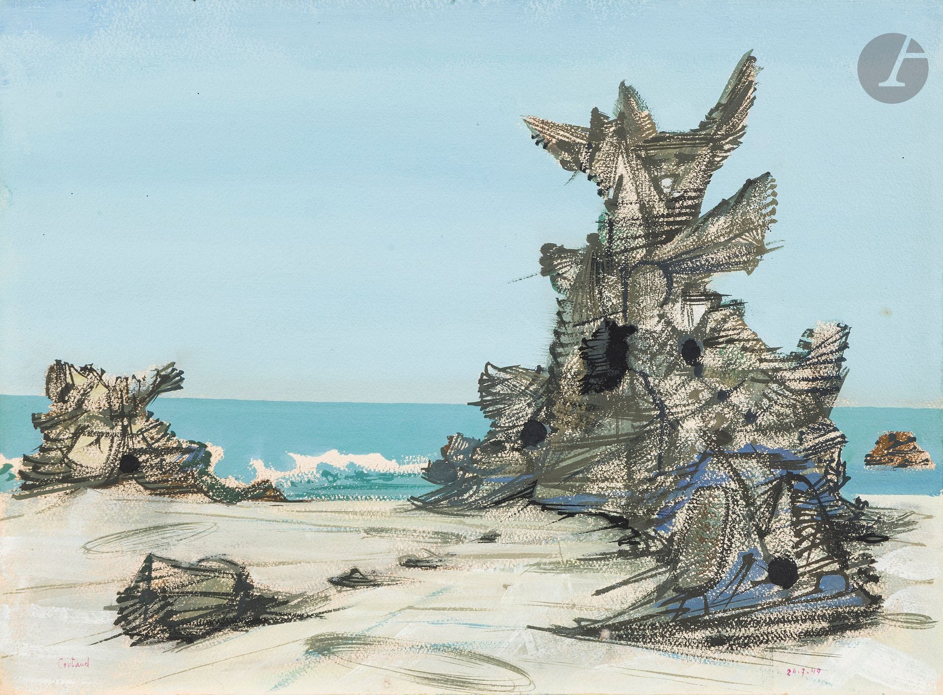 Lucien COUTAUD (1904-1977)
Belle-Île, 1949
Gouache et aquarelle. 
Signée en bas à gauche et datée en bas à droite «24.7.49 ».
25.5 x 35 cm

Cette oeuvre a été peinte lors du deuxième séjour de Lucien Coutaud à Belle-Île-en-Mer.

Nous remercions Monsieur Jean Binder pour les informations qu’il nous a transmises.