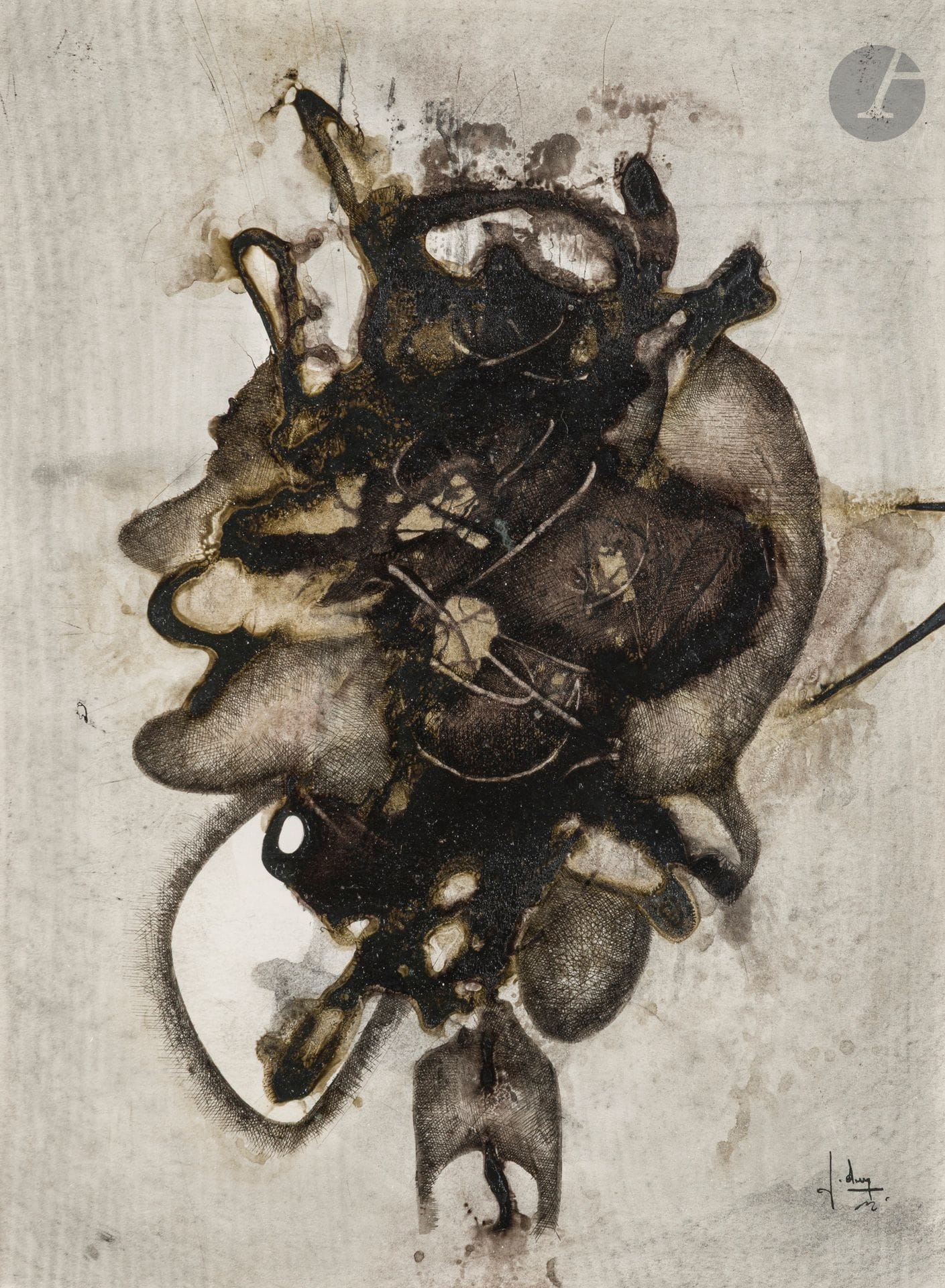 Fred DEUX (1924-2015)
Sans titre, 1962
Encre, lavis d'encre et huile sur papier.
Signée et datée en bas à droite.
35 x 25.5 cm

Provenance : 
- Galerie Alphonse Chave, Vence (étiquette au dos).
- Galerie Vanuxem, Paris (étiquette de transport au dos).