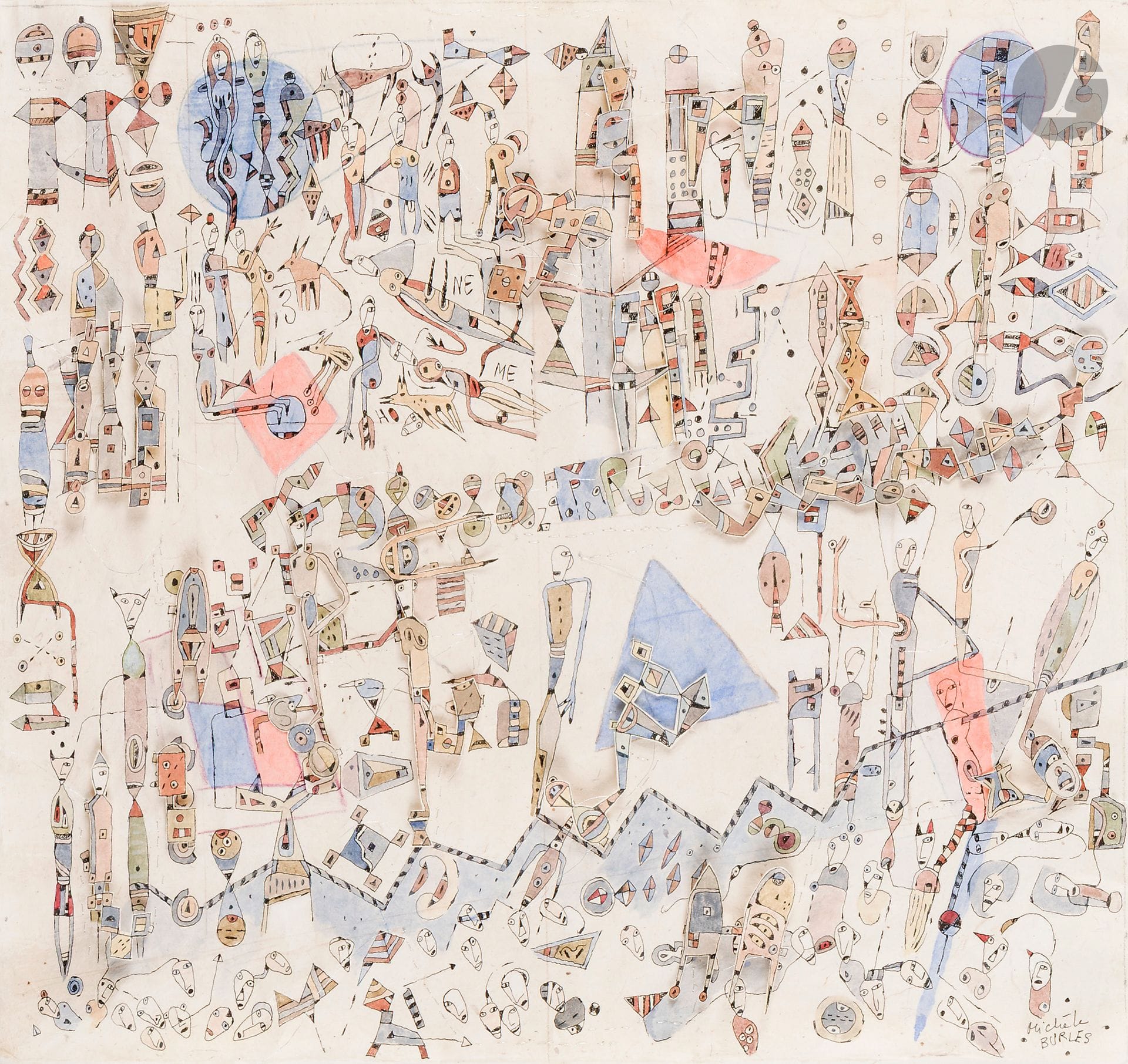 Michèle BURLES (née en 1948)
Loin, c'est où ?
Aquarelle, encre et découpages sur papier cousu.
Signée en bas à droite. 
Signée et titrée sur le montage.
39 x 42.5 cm