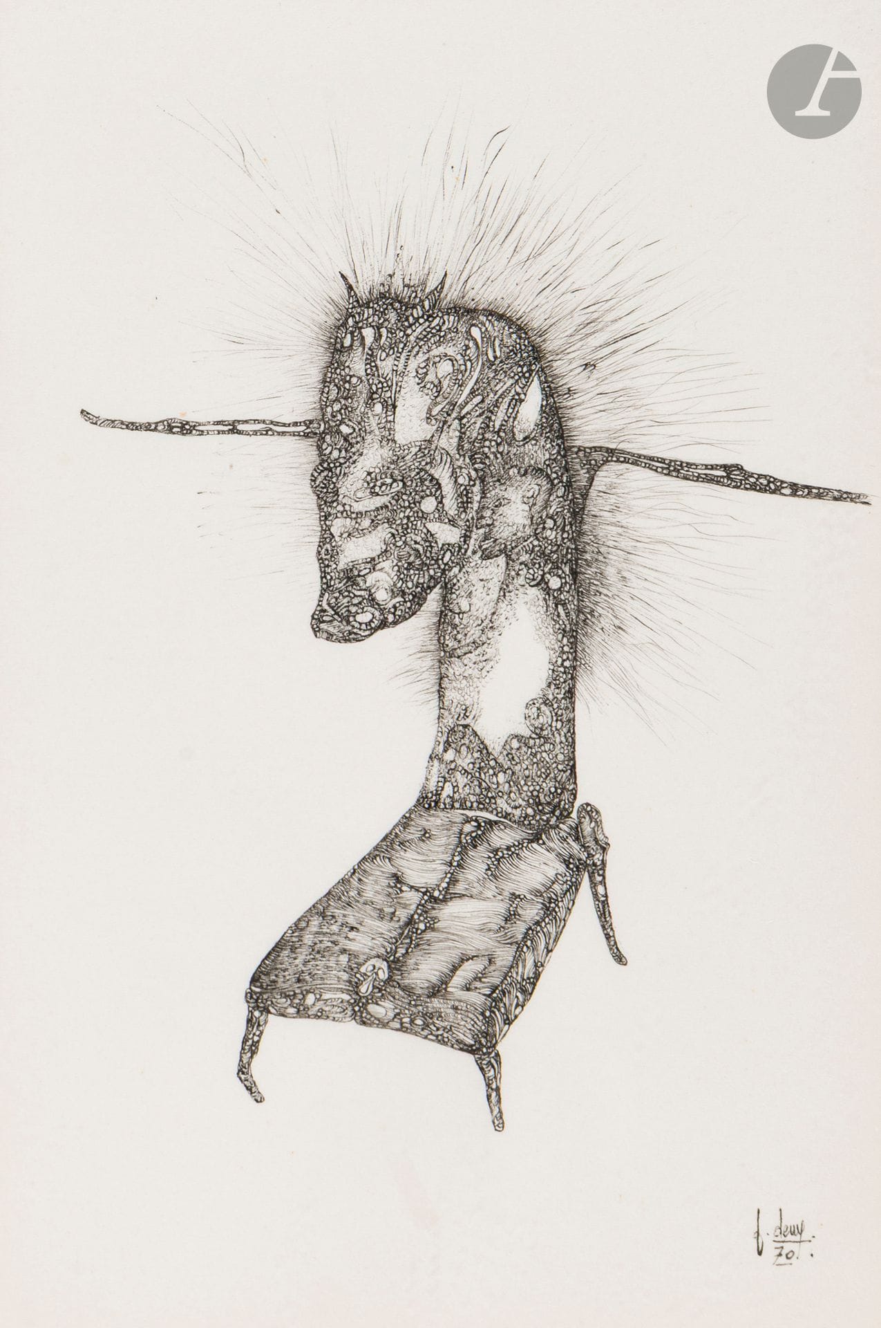 Fred DEUX (1924-2015)
My fever, 1970
Ink on paper.
Signed and dated lower right. 
Monogrammed, dated and titled on a cartel.
20.5 x 14 cm

Provenance : 
Galerie Alphonse Chave, Vence (label on back).

Exhibition: 
Fred Deux. Spermes colorés. Dessins, gravures, Galerie Alphonse Chave, Vence, March-June-September 1974.

This drawing was reproduced on the cover of the catalog for the exhibition at Galerie Alphonse Chave in 1974.