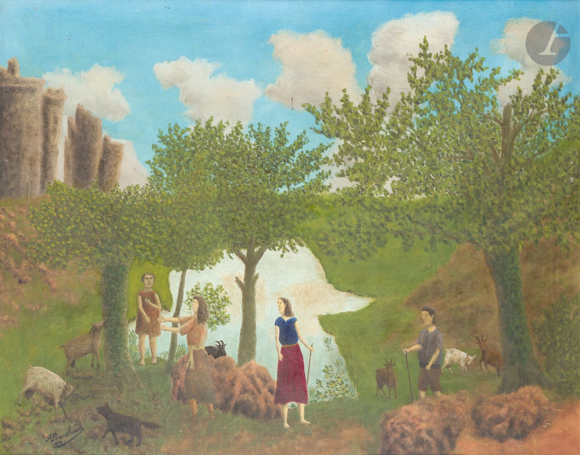 André BAUCHANT (1873-1958)
La Brise, 1923
Huile sur toile.
Signée et datée en bas à gauche.
76 x 98 cm

Provenance : 
- Galerie Jeanne Bucher, Paris, n° 1269 en 1939.
- Vente Mes Audap, Godeau, Solanet, Paris, Hôtel Drouot, 8 juin 1982, n° 563. 

Bibliographie : 
- Annuaire international des ventes, Paris, Publisol-Mayer, 1983, reproduit p. 545.
- Pierre Cabane, Alain Troadec, Bertrand Lorquin, André Bauchant : Catalogue Raisonné, Paris, Dina Vierny, 2005, reproduit p. 110, n° 23-08, [photo coupée et dimensions erronées].
