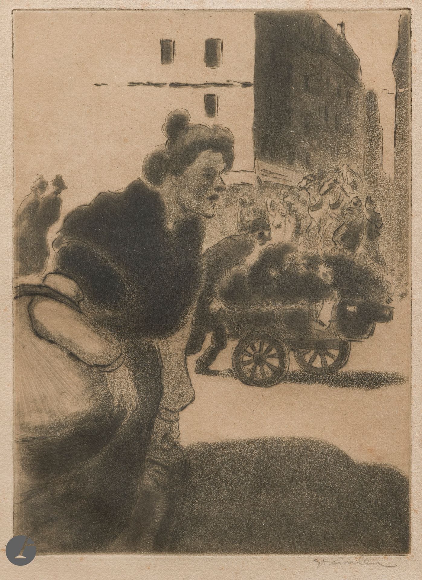 Théophile Alexandre STEINLEN (1859-1923)
Femme au panier et voiture de fleurs. Mars 1902. 
Pointe sèche et aquatinte sur zinc. À vue : 180x240 mm. Crauzat 56. Belle épreuve sur vergé, signée au crayon. Rousseurs claires éparses. Marges. Rare (selon Crauzat, 6 épreuves furent tirées dont 2 en couleurs). Cadre (non examinée hors du cadre). Au verso, ancienne étiquette avec le titre « Le Matin : La Blanchisseuse » et annotation manuscrite : « vente Liacre 21 octobre 1912 ».