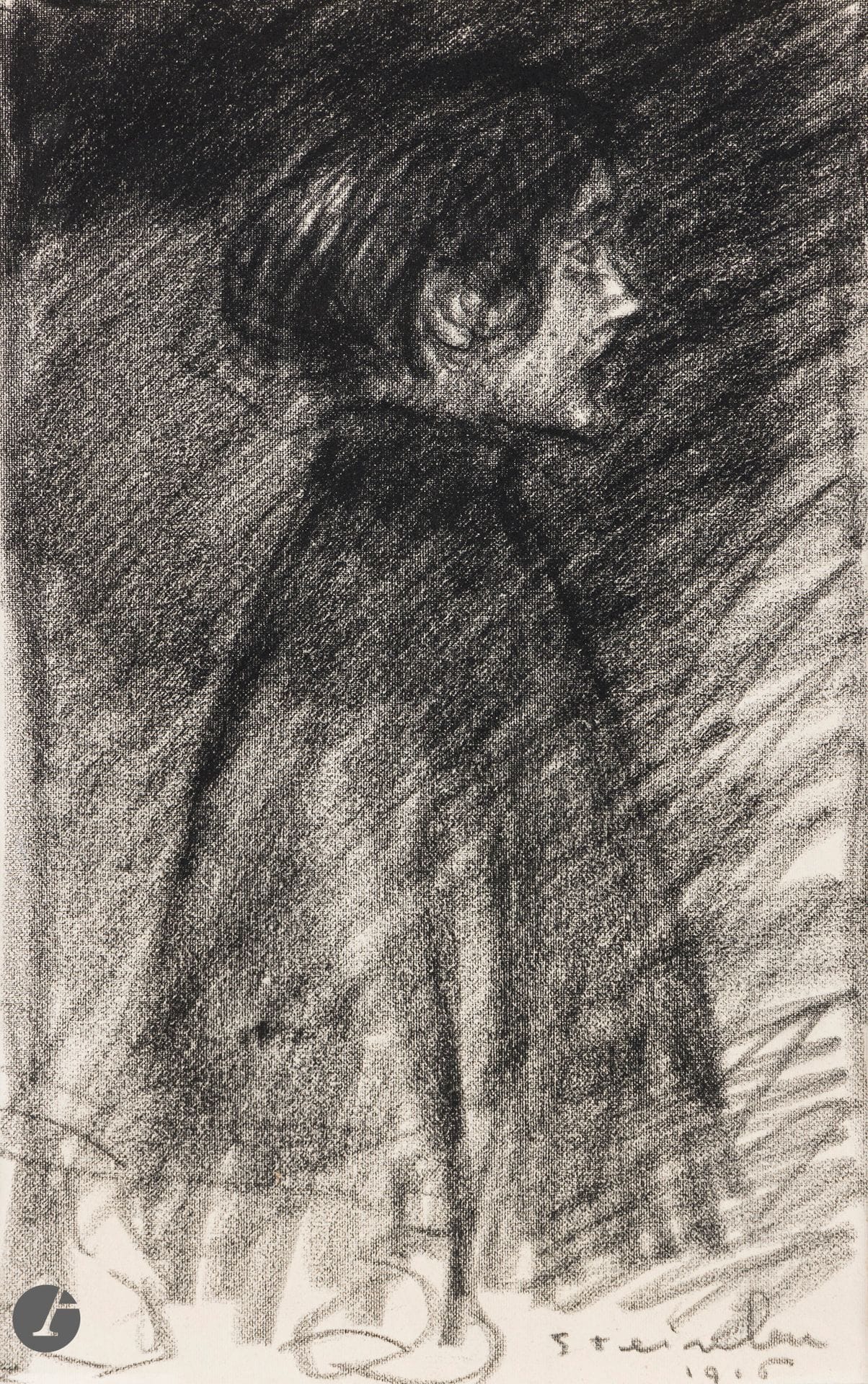Théophile Alexandre STEINLEN 
(1859-1923)
Femme de profil, 1916
Fusain et estompe.
Signé et daté en bas à droite.
26.5 x 16.5 cm

Cette œuvre est répertoriée dans les archives Steinlen de Madame Claude Orset et Madame Elisabeth Marechaux Laurentin en vue de la publication du catalogue raisonné de l’œuvre de Théophile Alexandre Steinlen.