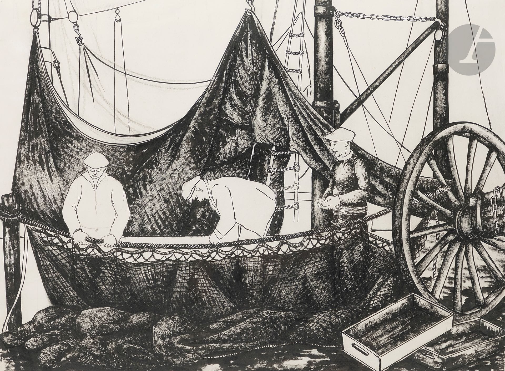 Georges BAUQUIER (1910-1997)
Marins au filet
Encre sur papier.
Non signée.
56 x 76 cm