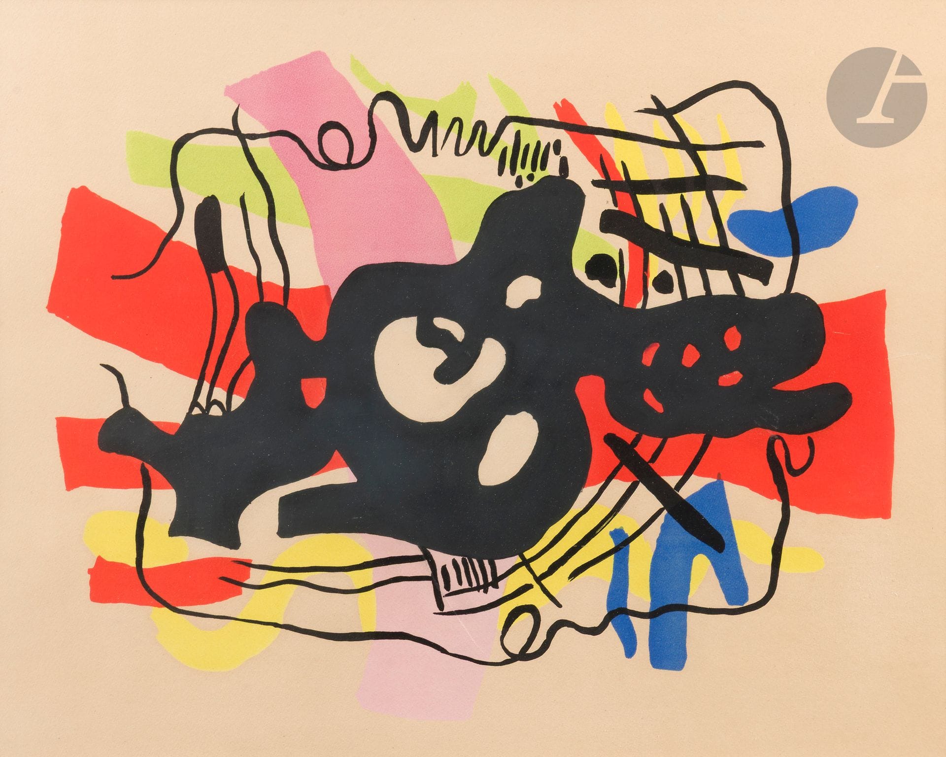 Fernand LÉGER (1881-1955) 
La Racine noire. 1948. Lithographie. À vue : 42 x 53 cm. Saphire 22. Impression en couleurs. Belle épreuve sur vélin, ni signée ni numérotée, légèrement insolée. Marges. Tirage à 75 épreuves. Galerie Louise Leiris éd. Cadre (non examinée hors du cadre). Au verso, étiquette d’exposition : « Musée Ingres – Montauban, Exposition F. Léger (23 juin-11 septembre 1977) N° 60 du catalogue ».