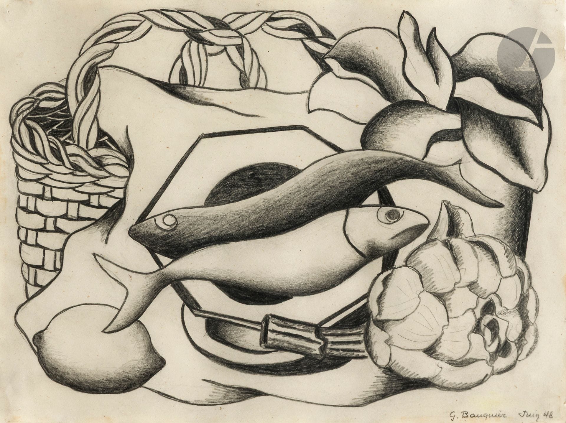 Georges BAUQUIER (1910-1997)
Poissons, 1948
Crayon noir sur papier.
Signé et daté en bas à droite.
22,5 x 30,5 cm