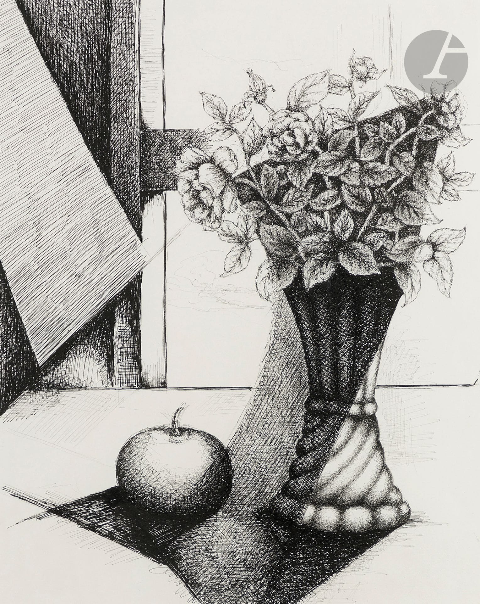 Georges BAUQUIER (1910-1997)
Vase de fleurs et pomme
Encre sur papier.
Non signée.
56 x 45 cm