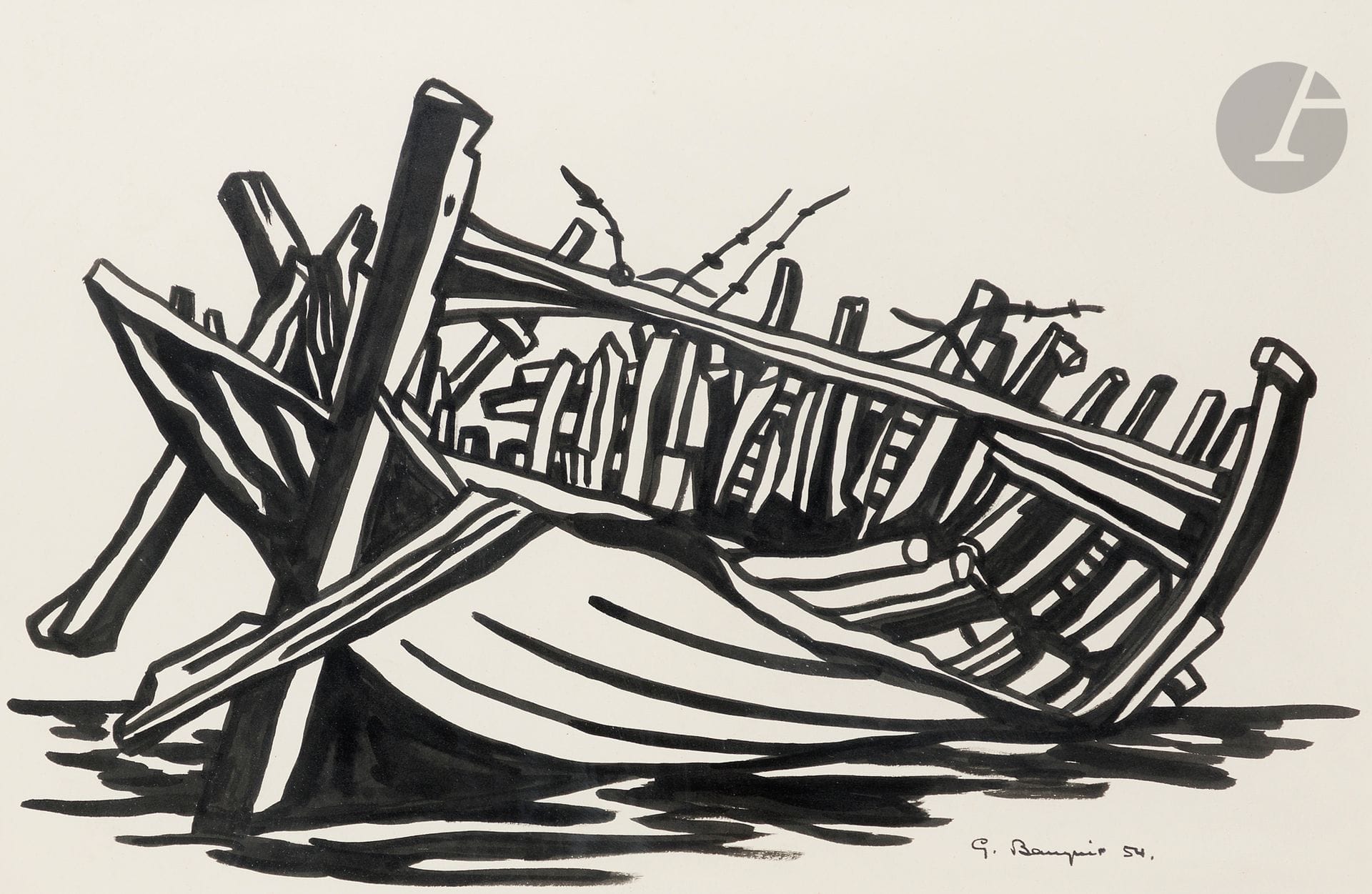 Georges BAUQUIER (1910-1997)
L’Épave, 1954
Encre sur papier.
Signée et date en bas à droite.
31 x 48 cm