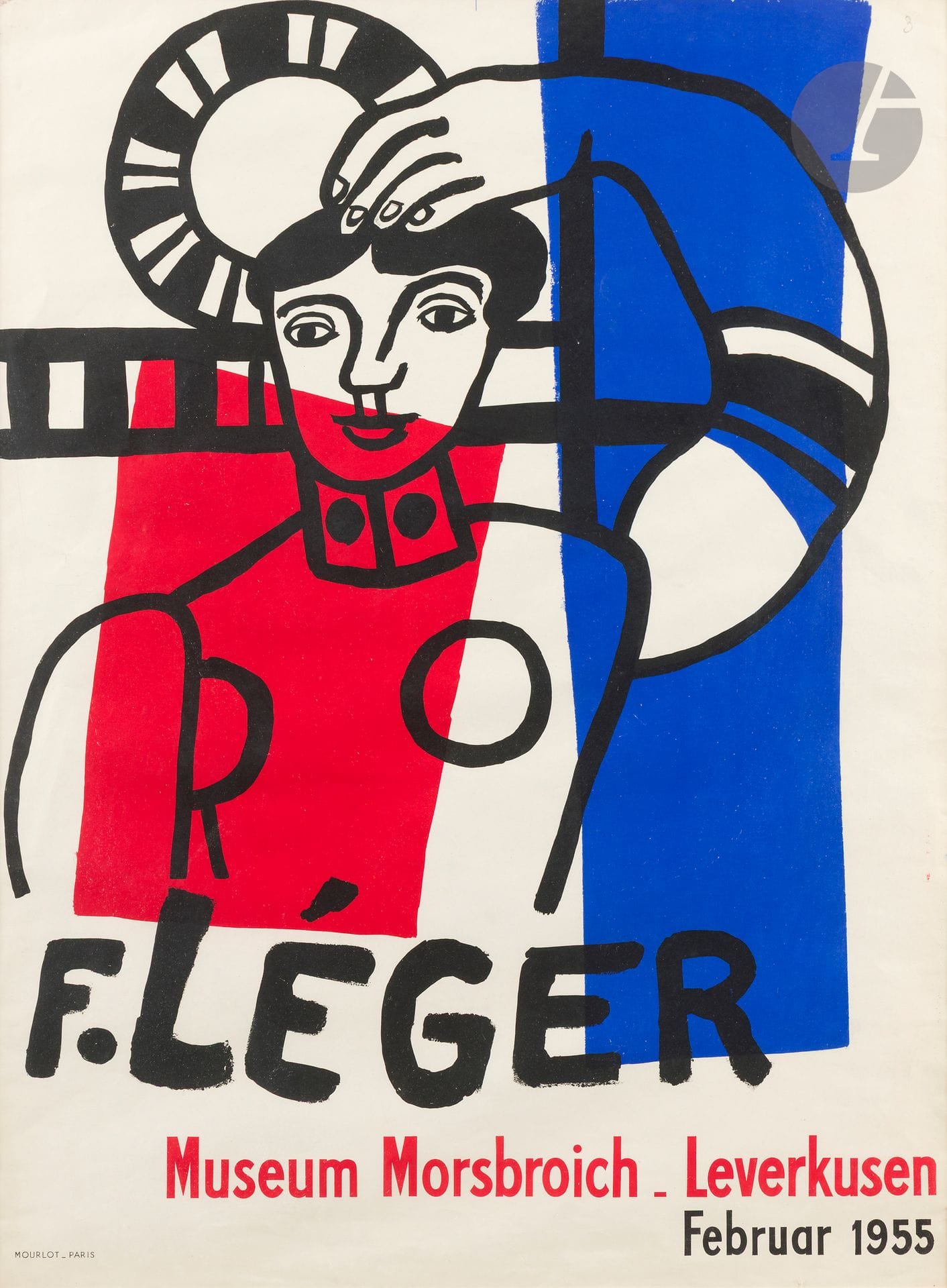 Fernand LÉGER (1881-1955) (d’après)
Le Tambourin. Affiche pour une exposition de l’artiste au Museum Morsbroich, Leverkusen, février 1955. Lithographie (Mourlot imp.). À vue : 74 x 55 cm. Impression en couleurs. Belle épreuve sur vélin blanc mince. Numéro 3 au crayon dans l’angle supérieur droit. Petites maculatures et taches à la limite du passe-partout. Marges. Cadre (non examinée hors du cadre).

Sujet reproduit dans L. Saphire, Fernand Léger, l’œuvre gravé, New York, Blue Moon Press, 1985, p. 291.