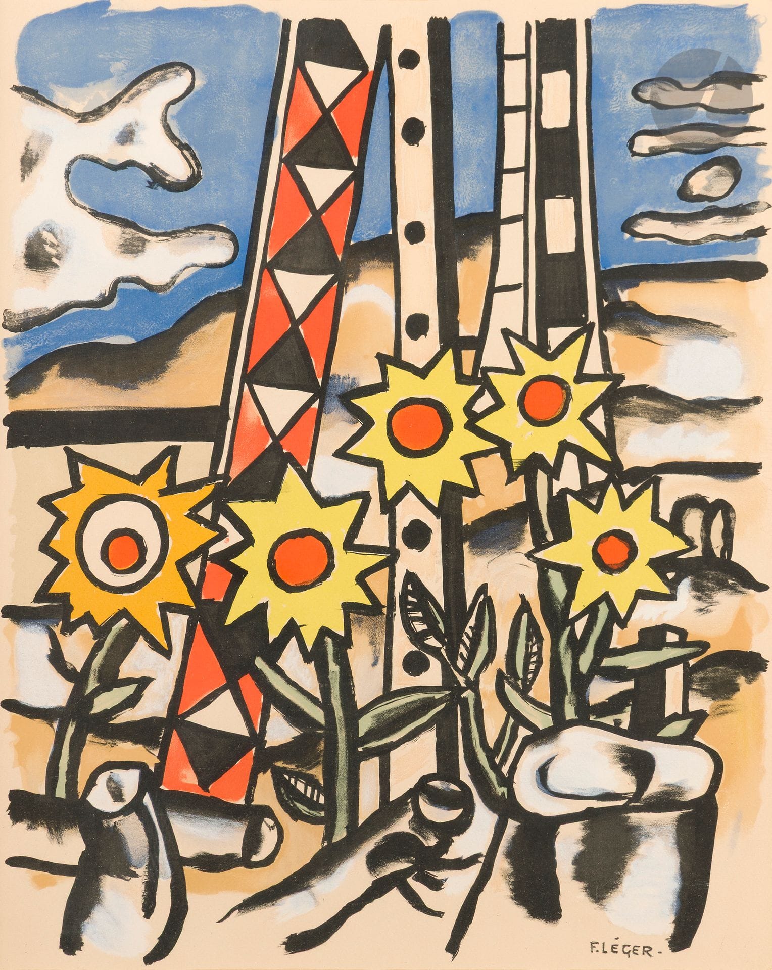 Fernand LÉGER (1881-1955) (d’après)
Les Cinq Tournesols. Vers 1950. Lithographie. À vue : 68 x 52,5 cm. Impression en couleurs. Belle épreuve sur vélin filigrané « Arches », avec trace d’oxydation marquée autour du sujet. Marges. Cadre (non examinée hors du cadre).