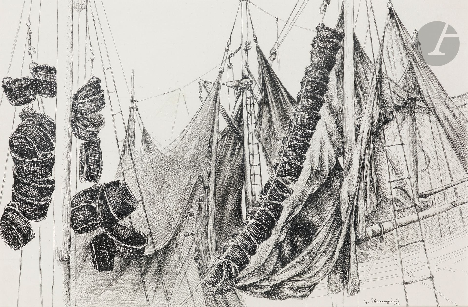 Georges BAUQUIER (1910-1997)
Les Filets, 1954
Encre sur papier.
Signée en bas à droite.
37 x 55 cm
