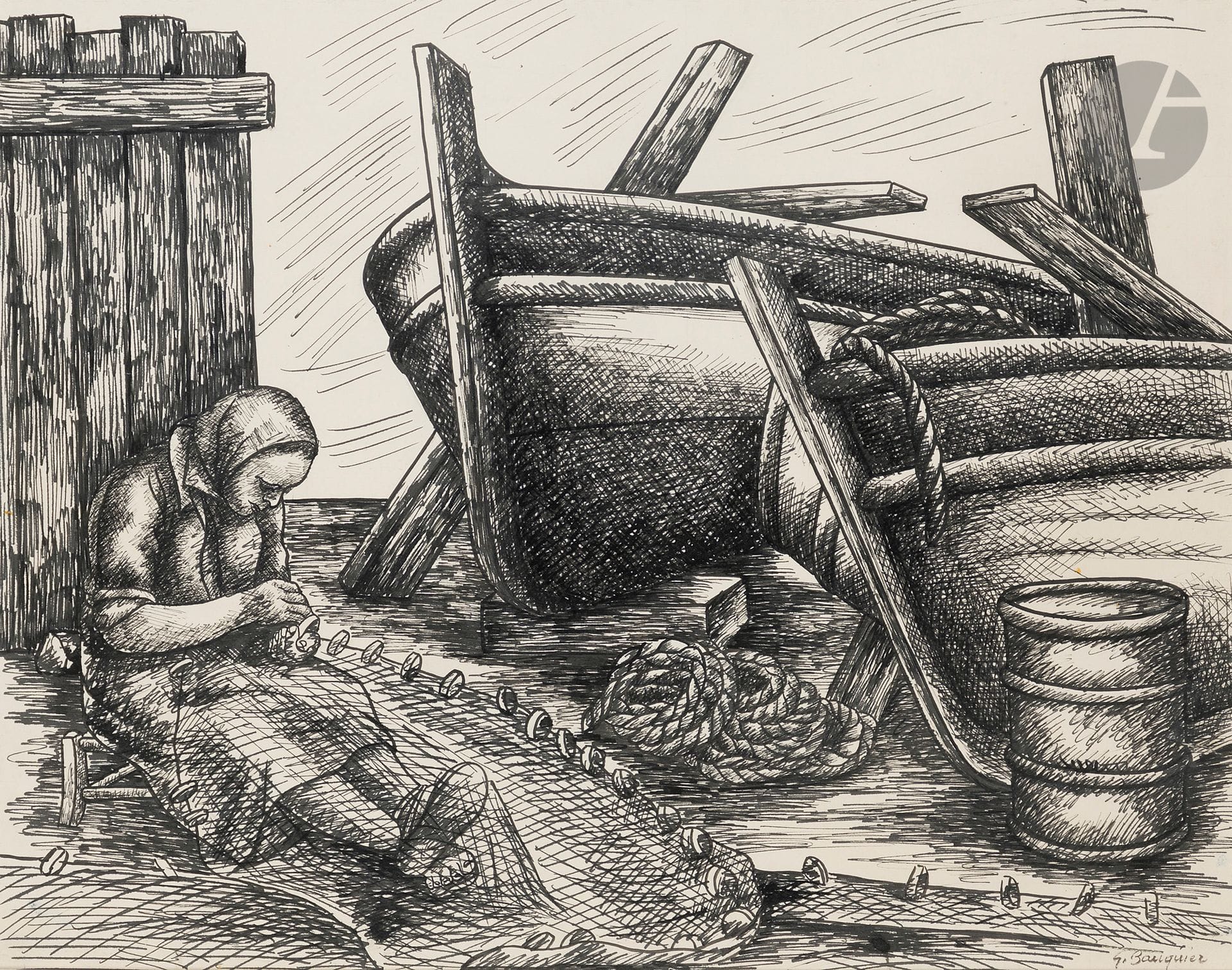 Georges BAUQUIER (1910-1997)
Femme réparant un filet, 1953
Encre sur papier.
Signée en bas à droite.
51 x 64 cm