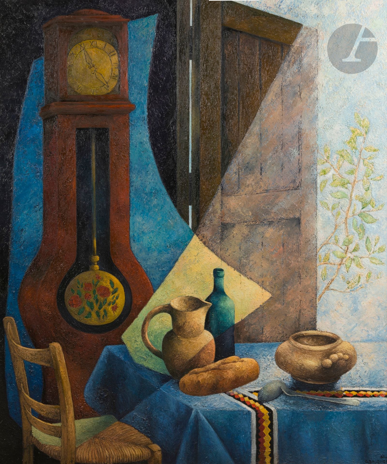Georges BAUQUIER (1910-1997)
L’Horloge, état définitif, 1961
Huile sur toile.
Signée et datée en bas à droite.
Signée, datée et titrée au dos.
162 x 130 cm

Bibliographie :
Georges Bauquier, dessins - peinture, texte de Jean Lescure, Grasse, Imprimerie Merle, reproduit, non paginé (erreur de datation).