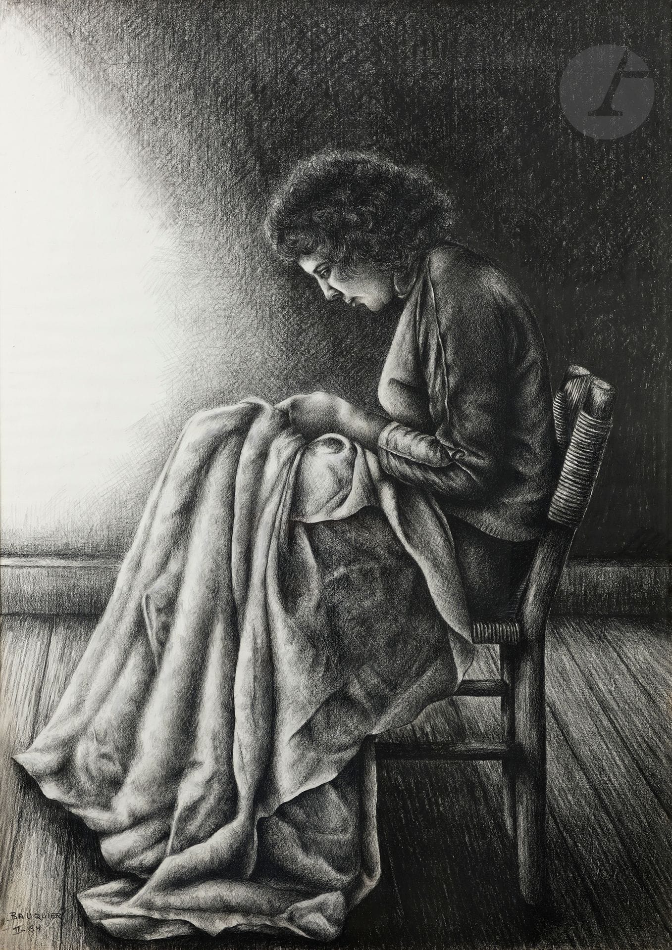 Georges BAUQUIER (1910-1997)
Seated woman sewing, 1964
Charcoal and stump on paper.
Signed and dated lower left.
118 x 83 cm