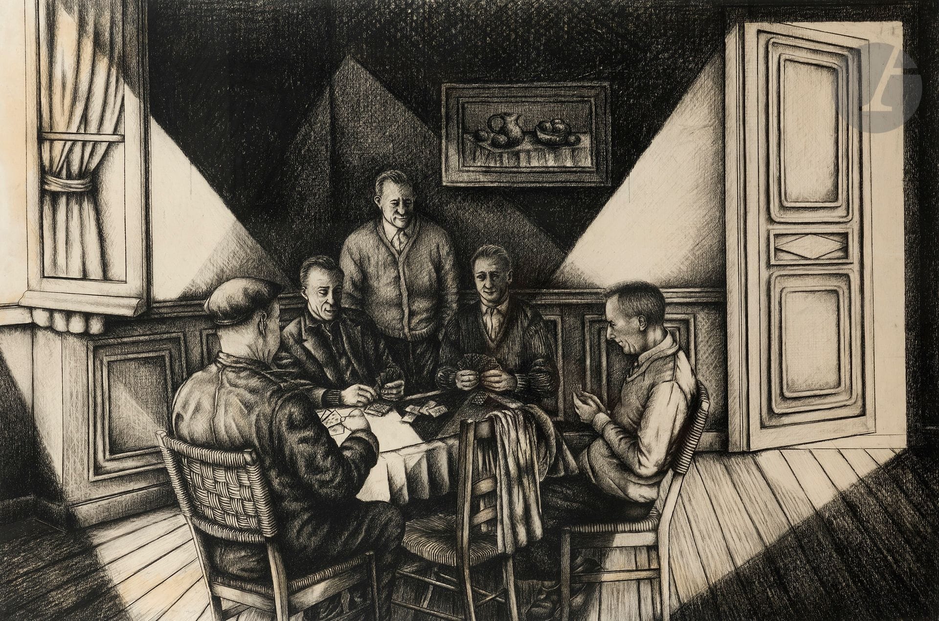 Georges BAUQUIER (1910-1997)
The Card Game
Charcoal and stump on paper.
Unsigned.
76 x 118 cm