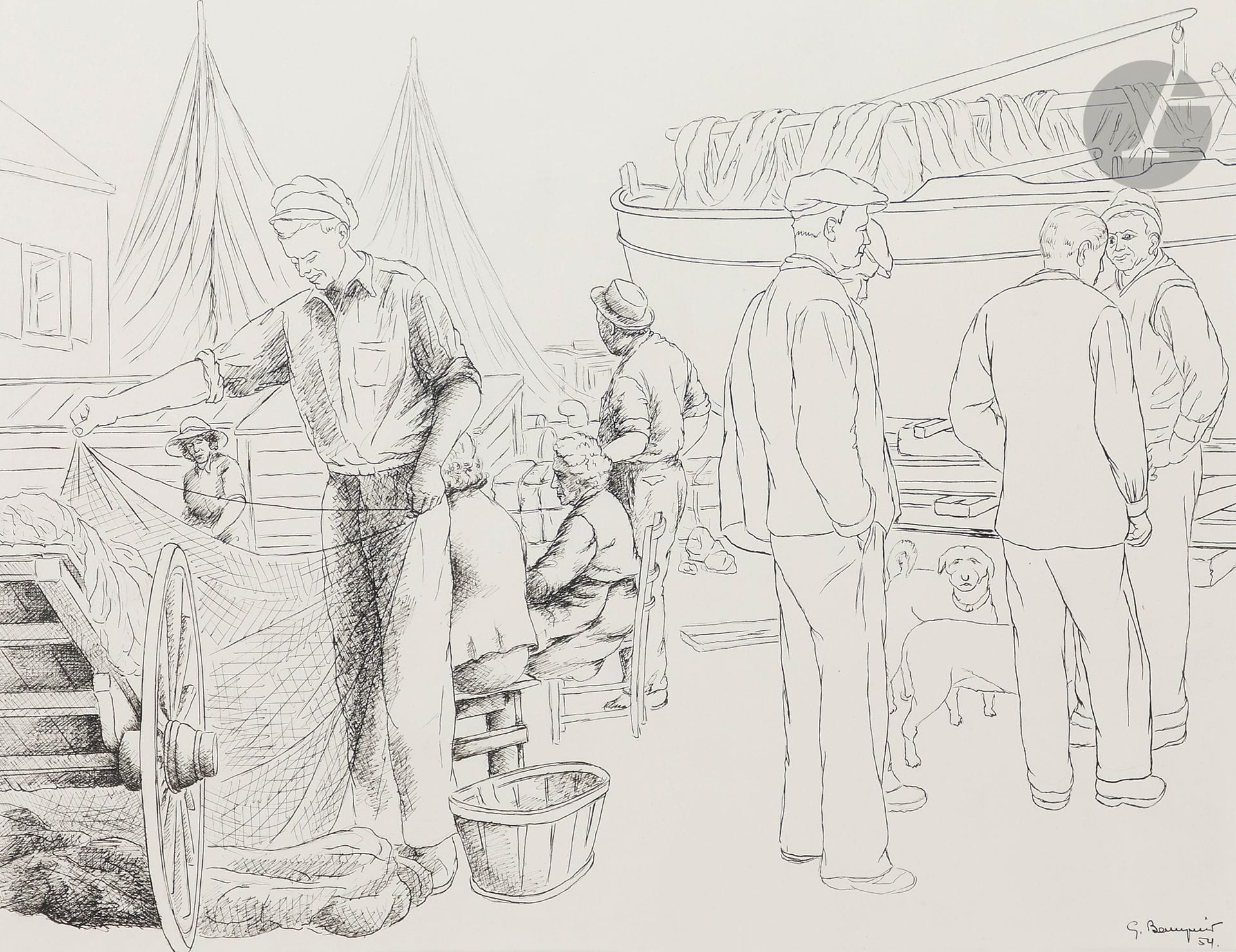 Georges BAUQUIER (1910-1997)
Port de pêche animé, 1954
Encre sur papier.
Signée et datée en bas à droite.
37,5 x 53 cm