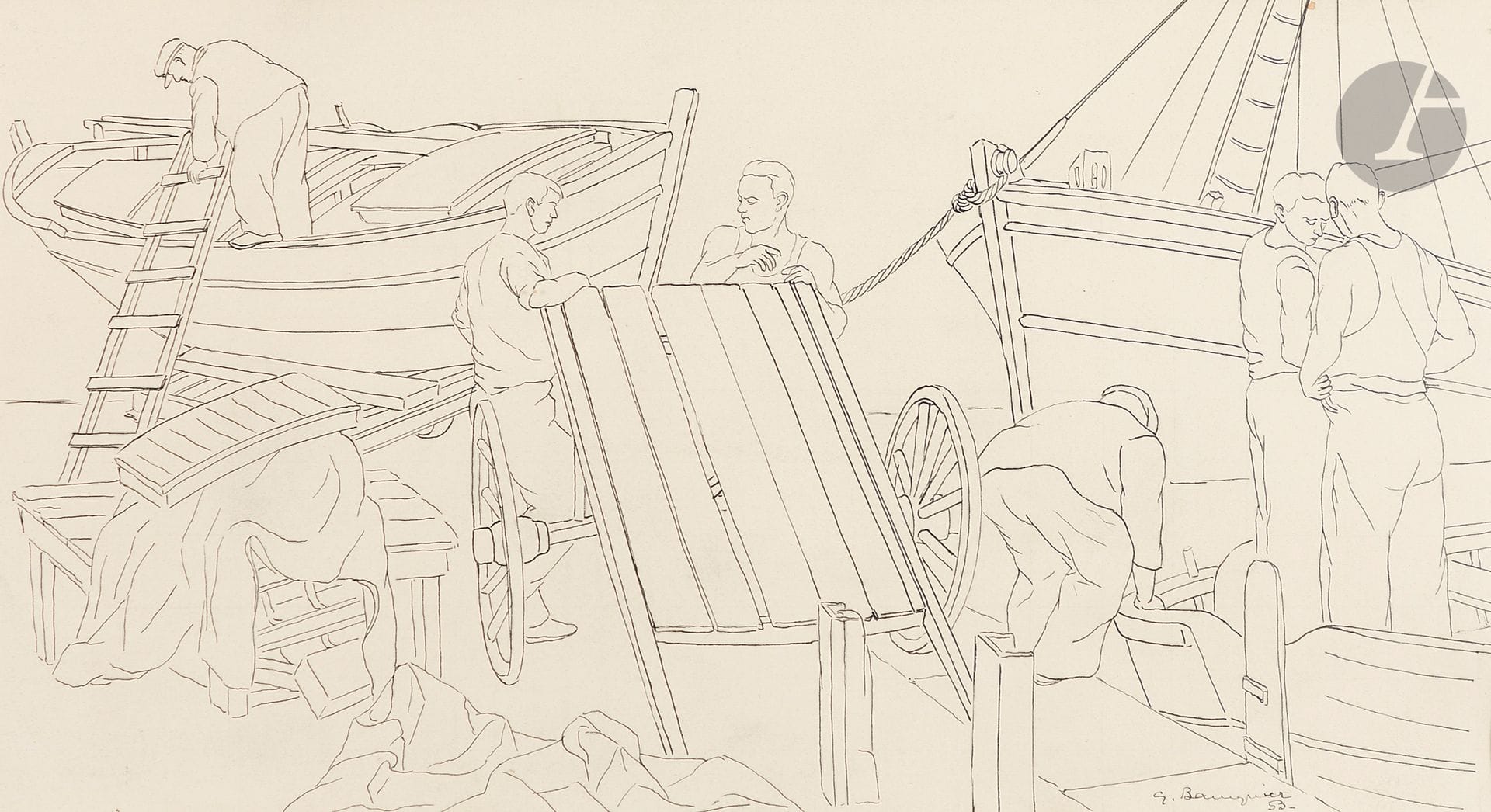 Georges BAUQUIER (1910-1997)
Old harbor, 1953
Ink on paper.
Signed and dated lower right.
25 x 44 cm