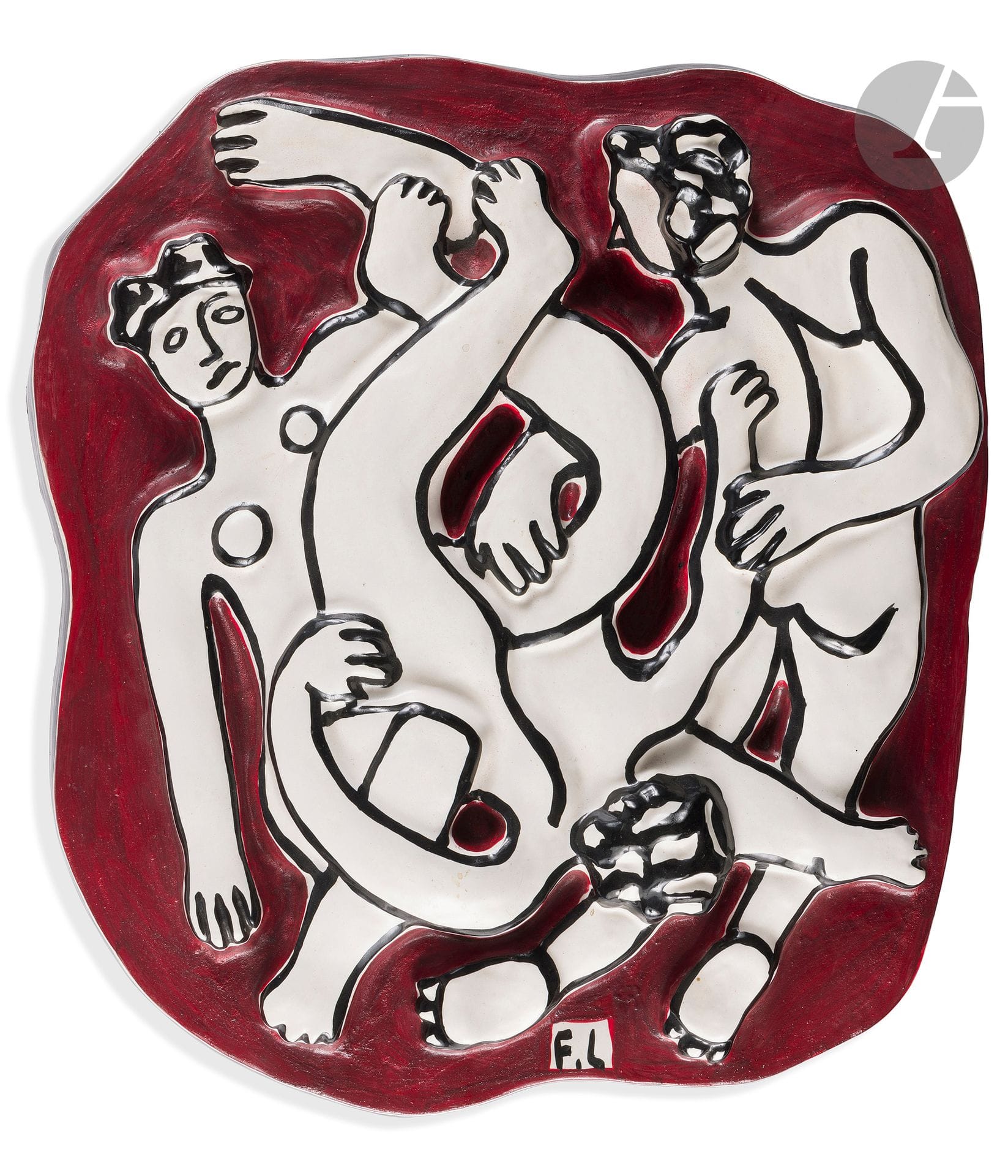 Fernand LÉGER (1881-1955) (d’après)
Les Acrobates sur fond rouge, d’après la maquette originale conçue vers [1954], notre épreuve justifiée sur 250 (sans numérotation)
Bas-relief.
Céramique émaillée polychrome.
Édition post mortem limitée du Musée national Fernand Léger.
Monogrammé F. L. en bas à droite ; porte le label sous-émail Les Acrobates sur fond rouge – Édition à 250 exemplaires d’après la maquette originale de Fernand LÉGER (exclusivité Musée national Fernand LÉGER – Biot) – /250 au dos.
51 x 46 cm
Petits sauts et usures d’émail sur la tranche inférieure du pourtour.

Provenance : 
- Collection Simone Bauquier ; Callian (château). 
- Mme X., œuvre détenue par voie de succession de la précédente.

Collection publique et œuvre en rapport : 
Musée national Fernand Léger, Biot – Une épreuve en céramique des Acrobates sur fond rouge, portant le N° 40, est conservée dans les collections de cette institution sous le numéro d’inventaire MNFL 99022. 

Exposition et œuvre en rapport : 
Fernand Léger – Musée national de Varsovie, de février à mars 1971 ; Musée national de Cracovie, du 1er avril au 1er mai 1971 ; Musée national de Poznan, du 15 mai au 15 juin 1971 ; Musée d’art de Lodz, du 1er juillet au 1er août 1971. Une épreuve en céramique des Acrobates sur fond rouge exposée lors de cette manifestation (N° 258). 

Œuvre picturale en rapport : 
Notre céramique à rapprocher de la série des Acrobates, notamment Les Acrobates en gris (1943-44), conservé au Centre Pompidou sous le numéro d’inventaire AM 1981-3 (actuellement en dépôt au musée de l’Armée, Paris). 

Bibliographie : 
- Larisa Alekseevna Zadova – Fernand Léger, mosaïque, vitrail, céramique, tapisserie – Éditions Izdatel’stvo Iskusstvo, Moscou, 1970. Une épreuve en céramique des Acrobates sur fond rouge reproduite sous le numéro 20 du catalogue des céramiques. 
- Gilles Néret – F. Léger – Nouvelles Éditions Françaises / Casterman, Paris, 1990. Une épreuve en céramique (partiellement émaillée) des Acrobates reproduite p. 240, sur une photographie montrant Léger devant ses œuvres.  
- Yvonne Brunhammer – Fernand Léger, l’œuvre monumental – Éditions 5 Continents, Milan, 2005. Une épreuve en céramique des Acrobates sur fond rouge référencée sous le numéro 145 du catalogue et reproduite p.s 124 (détail) et 138.