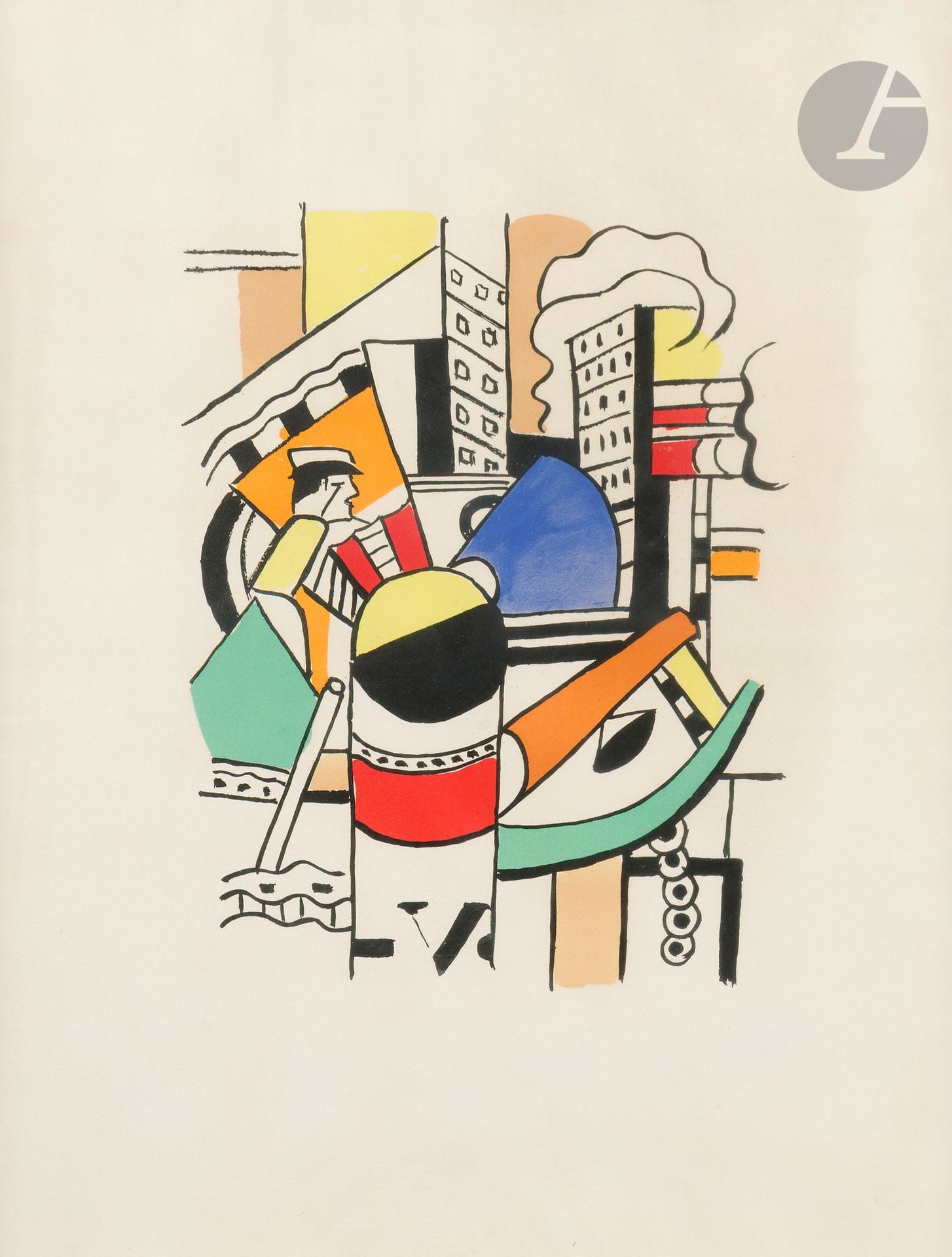 Fernand LÉGER (1881-1955) (d’après)
Le Remorqueur dans la ville. (Pl. 11 pour l’album La Ville, Tériade éd., 1959). Lithographie. À vue : 62 x 48 cm. Saphire p. 238-239. Impression en couleurs. Belle sur vélin. Toutes marges. Cadre (non examinée hors du cadre).