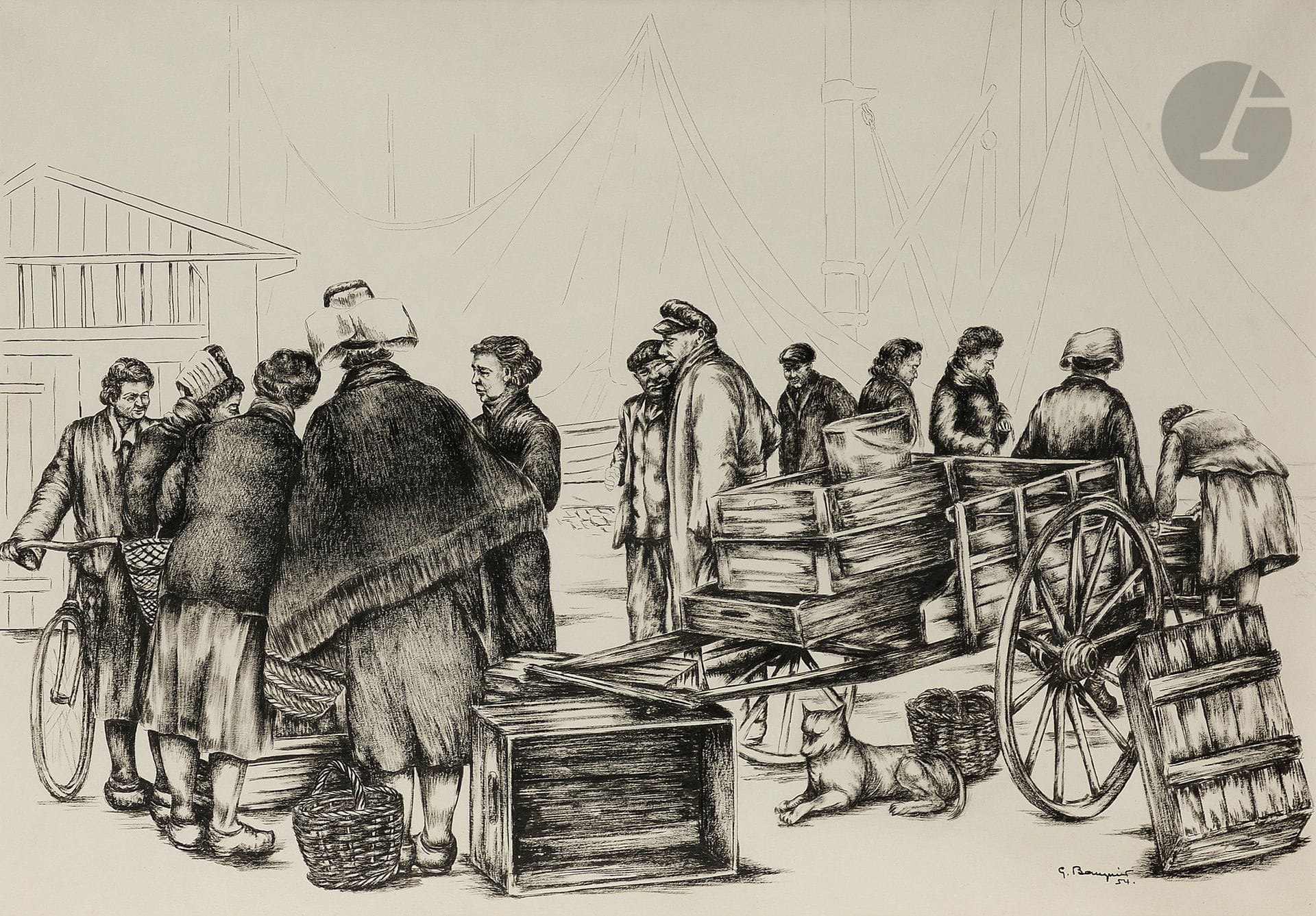 Georges BAUQUIER (1910-1997)
Le Marché breton, 1954
Encre sur papier.
Signée et datée en bas à droite.
45 x 54 cm