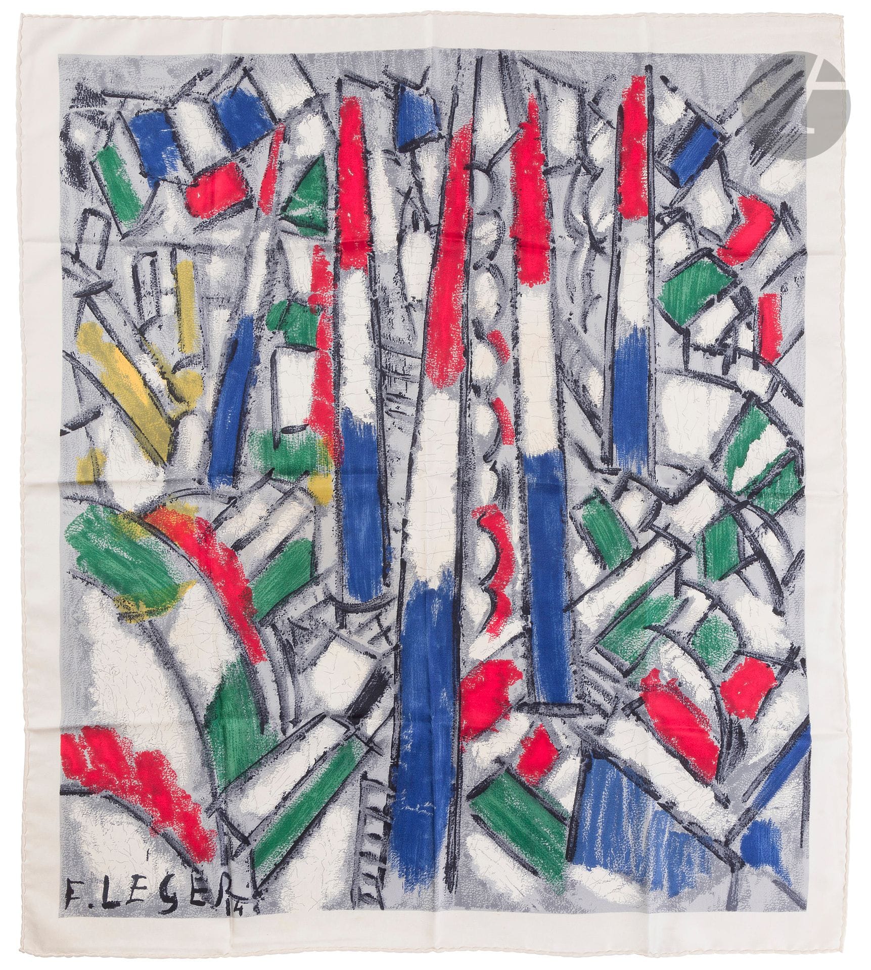 Fernand LÉGER (1881-1955) (d’après)
D’après Le 14 juillet, [1914] 
Foulard en soie imprimée.
Édition moderne.
Marqué F. LÉGER dans l’impression.
77 x 86 cm

Provenance : 
- Collection Simone Bauquier ; Callian (château). 
- Mme X., œuvre détenue par voie de succession de la précédente.

Œuvre picturale en rapport : 
Le motif de notre foulard à rapprocher de l’huile sur toile Le 14 juillet (1914), conservée dans les collections du Musée national Fernand Léger de Biot sous le numéro d’inventaire 97027.