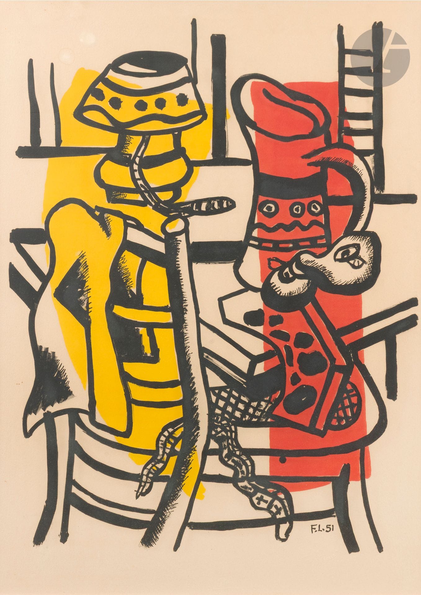 Fernand LÉGER (1881-1955)
La Chaise. 1955. Lithographie (Mourlot imp.). À vue : 71 x 52 cm. Saphire 139. Impression en couleurs. Belle épreuve sur vélin, ni signée ni numérotée, insolée. Marges. Tirage à 75 épreuves. Galerie Louise Leiris éd. Cadre (non examinée hors du cadre).
